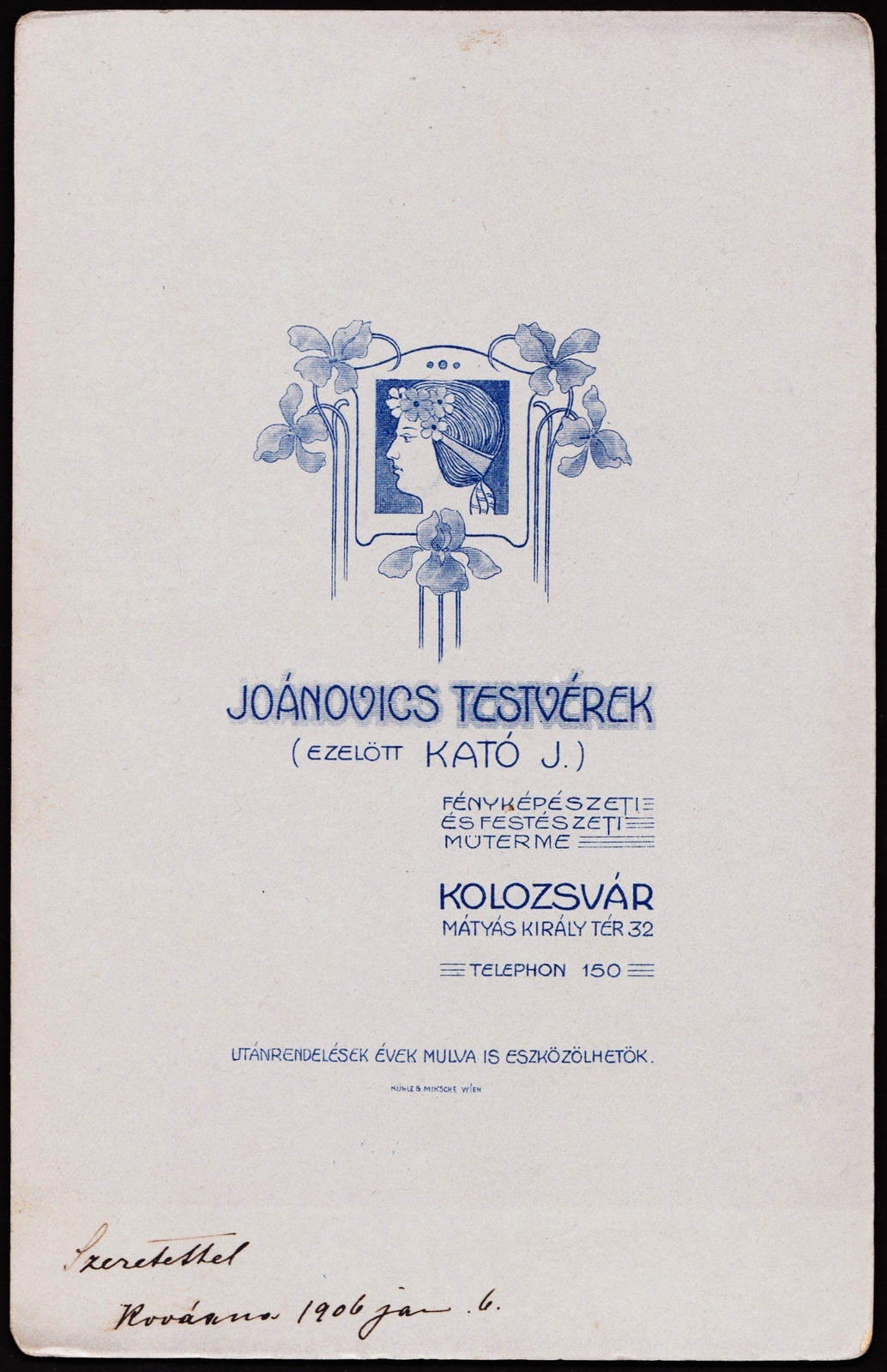 Románia, Kolozsvár, Mátyás király tér 32., Joánovics testvérek (előtte Kató J.) fényképészeti és festészeti műterme., 1906, Fortepan, műterem, fényképész, hátlap, Fortepan #81180
