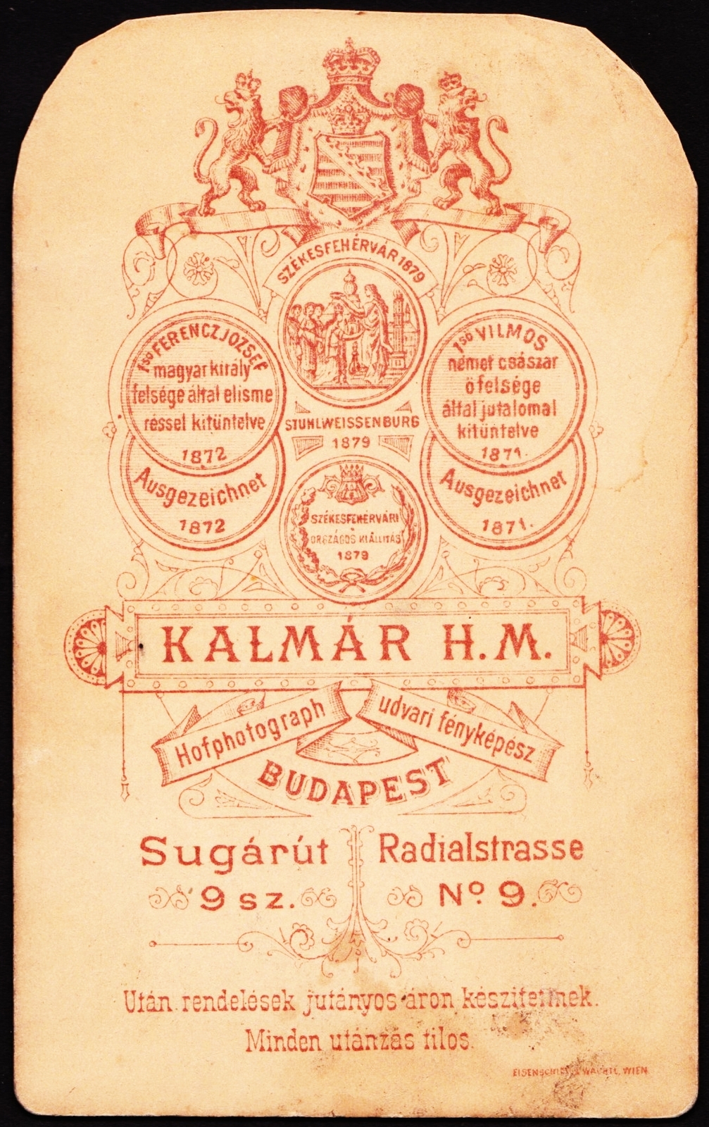 Magyarország, Budapest VI., Andrássy (Sugár) út 9., Kalmár H. M. fényképész., 1900, Fortepan, műterem, fényképész, hátlap, Budapest, Fortepan #81183
