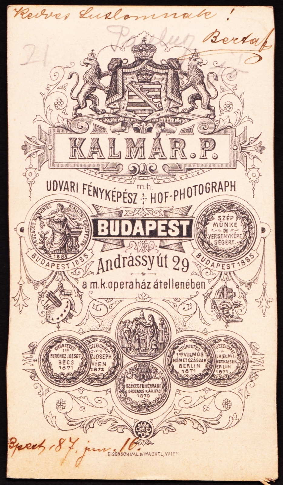 Hungary, Budapest VI., Andrássy út 29., Kalmár Péter fényképész., 1900, Fortepan, studio, photographer, verso, Budapest, Fortepan #81184