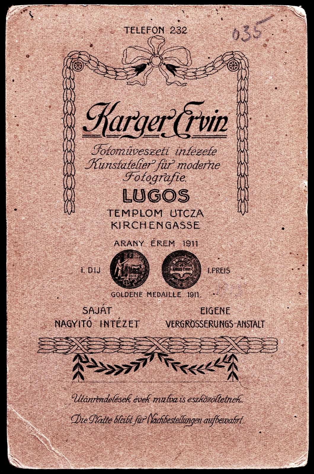 Romania,Transylvania, Lugoj, Templom utca, Karger Ervin fotóművészeti intézete., 1911, Fortepan, studio, photographer, verso, Fortepan #81186