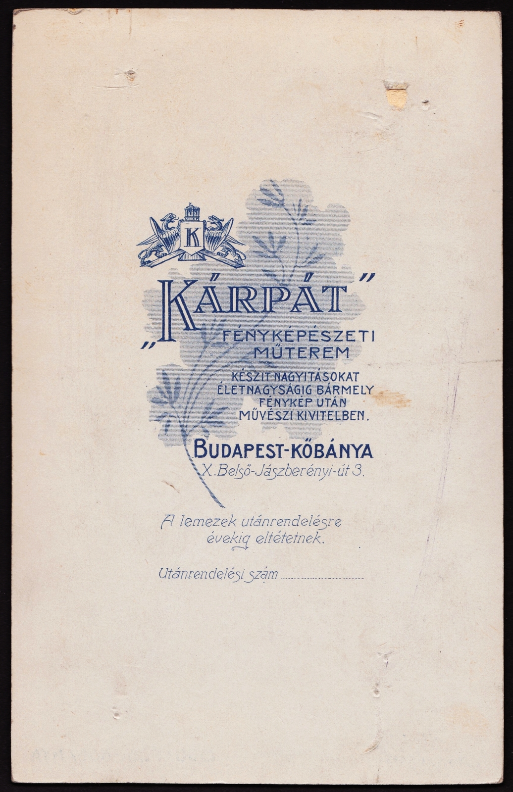 Magyarország, Budapest X., Körösi Csoma sétány (Belső Jászberényi út) 3., Kárpát fényképészeti műterem., 1908, Fortepan, műterem, fényképész, hátlap, Budapest, Fortepan #81187