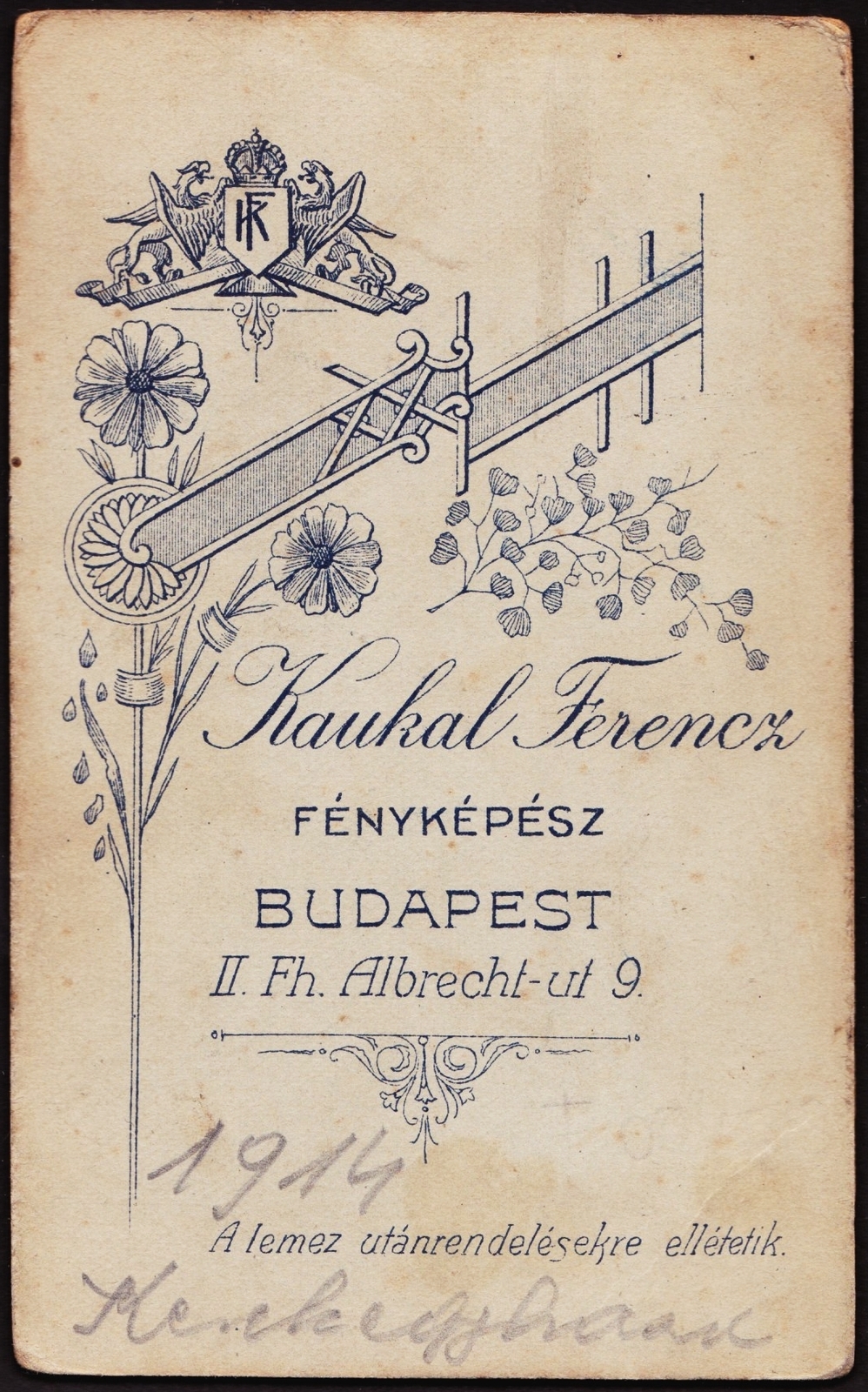 Magyarország, Budapest I., Hunyadi János (Főherceg Albrecht) út 9., Kaukal Ferenc fényképész., 1914, Fortepan, műterem, fényképész, hátlap, Budapest, Fortepan #81190