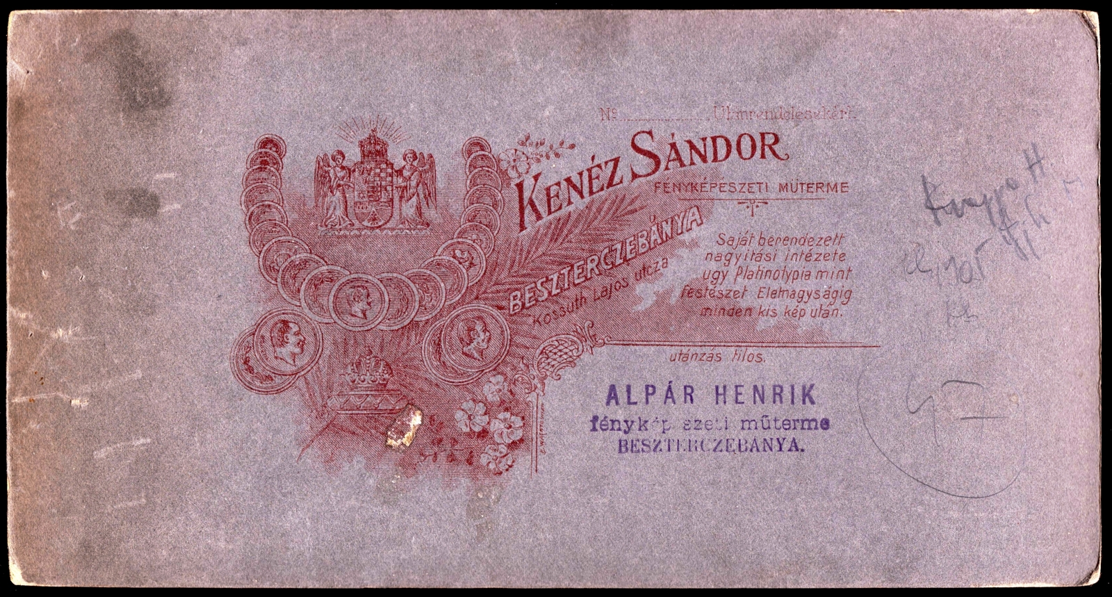 Slovakia, Banská Bystrica, Kossuth Lajos utca, Kenéz Sándor / Alpár Henrik fényképészeti műterme., 1905, Fortepan, studio, photographer, verso, Fortepan #81196