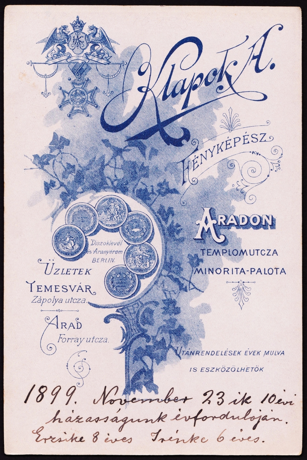 Romania,Transylvania, Arad, Templom utca, Klapok Alajos fényképész., 1900, Fortepan, studio, photographer, verso, Fortepan #81200