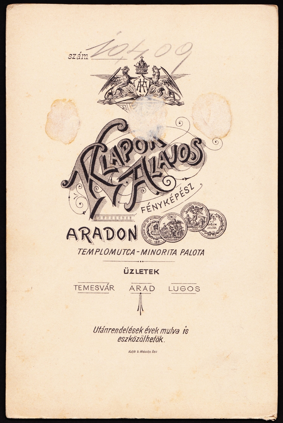 Romania,Transylvania, Arad, Templom utca, Klapok Alajos fényképész., 1900, Fortepan, studio, photographer, verso, Fortepan #81201