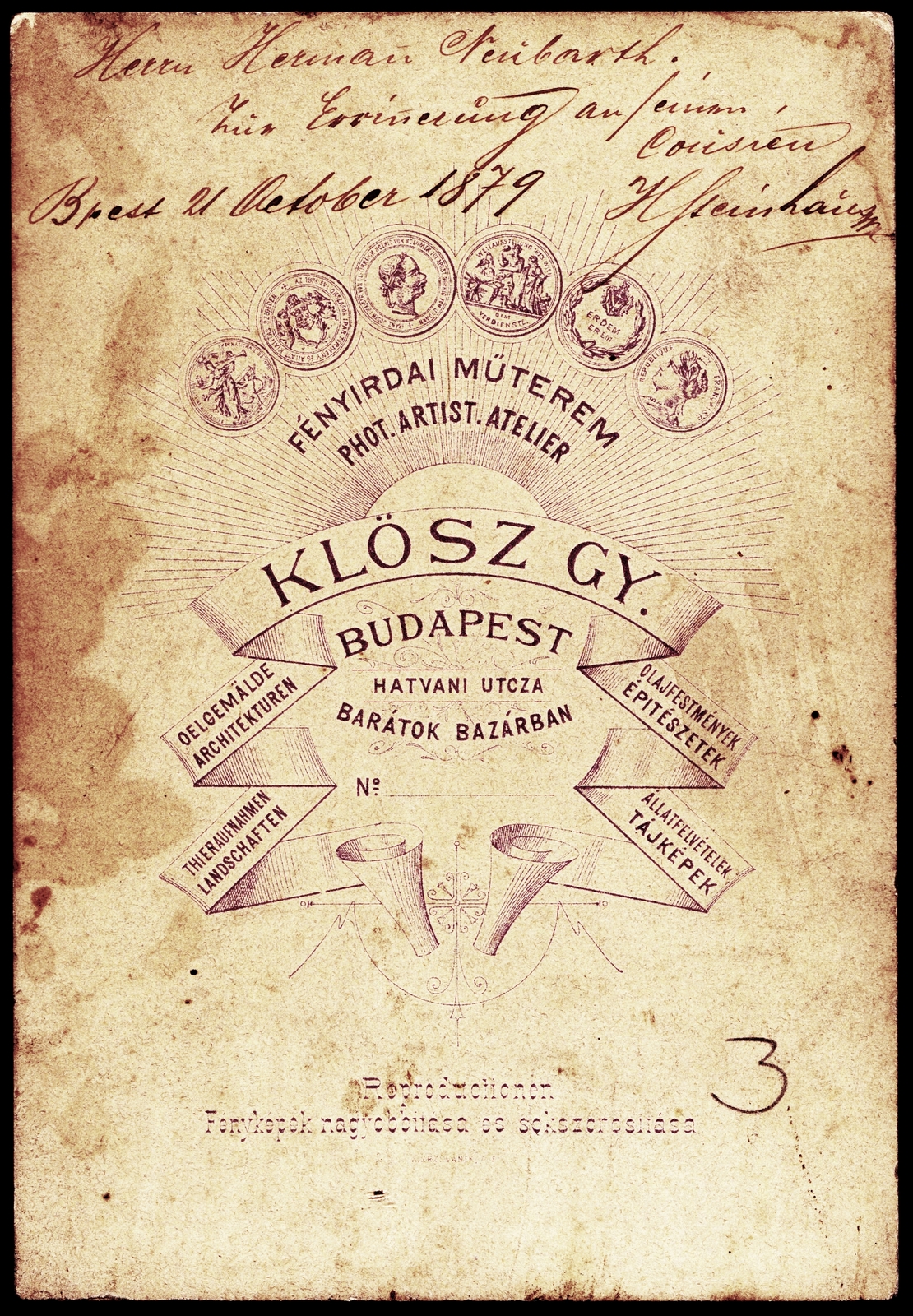 Hungary, Budapest V., Kossuth Lajos (Hatvani) utca, Klösz György fényirdai műterme a ferences barátok épületében., 1900, Fortepan, studio, photographer, verso, Budapest, Fortepan #81205
