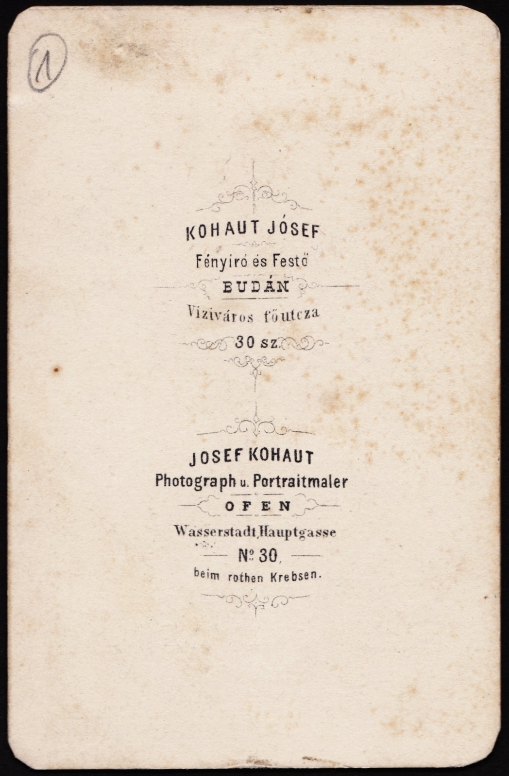 Hungary, Budapest I., Fő utca 30., Kohaut József fényíró és festő., 1900, Fortepan, studio, photographer, verso, Budapest, Fortepan #81217