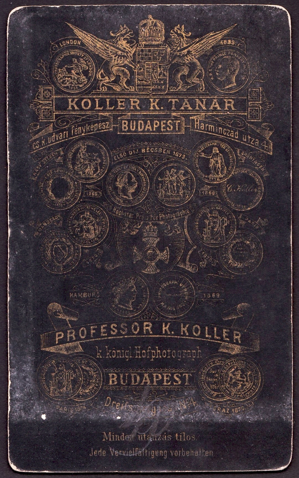 Magyarország, Budapest V., Harmincad utca 4., Koller Károly tanár, fényképész., 1900, Fortepan, műterem, fényképész, hátlap, Budapest, Fortepan #81220