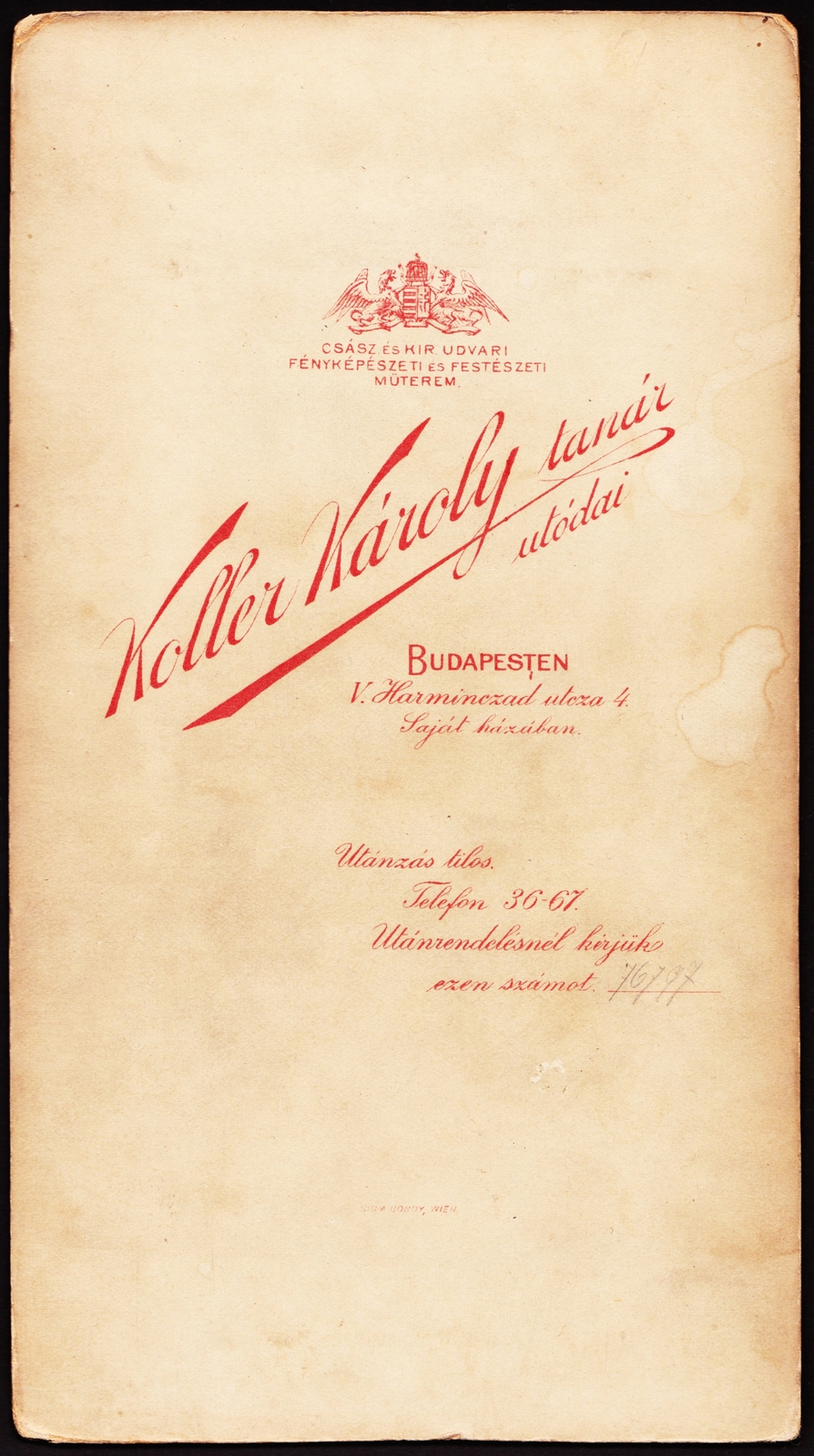 Hungary, Budapest V., Harmincad utca 4., Koller Károly tanár, fényképész utódai., 1900, Fortepan, studio, photographer, verso, Budapest, Fortepan #81222