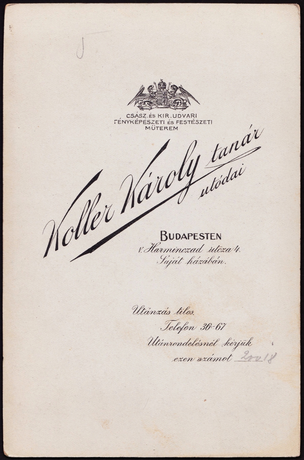 Magyarország, Budapest V., Harmincad utca 4., Koller Károly tanár, fényképész utódai fényképészeti és festészeti műterme., 1910, Fortepan, műterem, fényképész, hátlap, Budapest, Fortepan #81225
