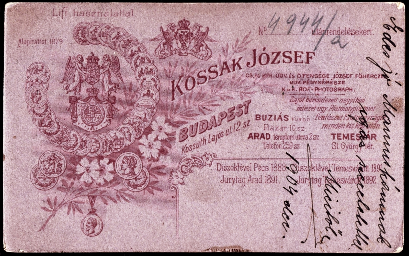 Hungary,Romania, Budapest V.,Arad,Timisoara, Kossuth Lajos utca 12. / Templom utca 12. / Szent György tér / Bazár 10., Kossak József fényképész., 1904, Fortepan, studio, photographer, verso, Budapest, Fortepan #81226