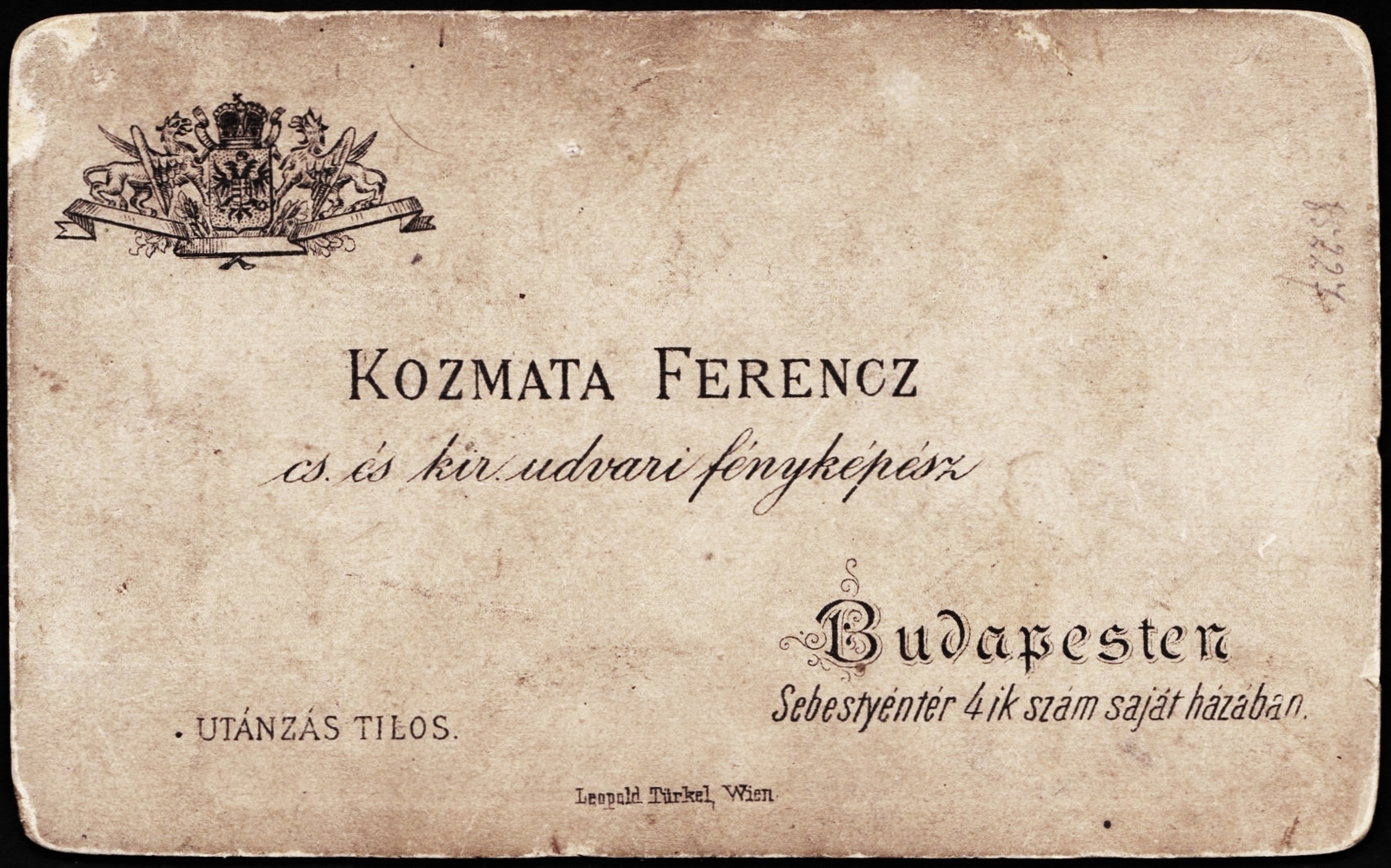 Hungary, Budapest V., Sebestyén tér 4. (a Klotild paloták építése során megszűnt), Kozmata Ferenc fényképész., 1900, Fortepan, studio, photographer, verso, Budapest, Fortepan #81232