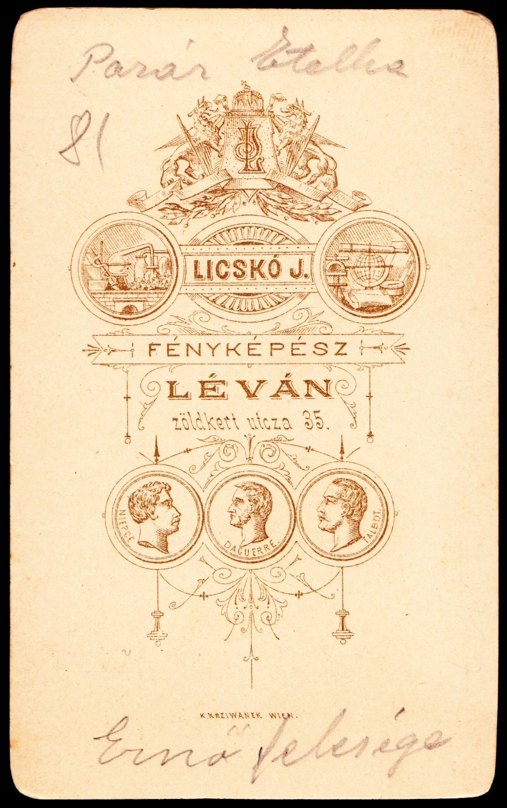 Szlovákia, Léva, Zöldkert utca 35., Licskó János fényképész., 1900, Fortepan, műterem, fényképész, hátlap, Fortepan #81244