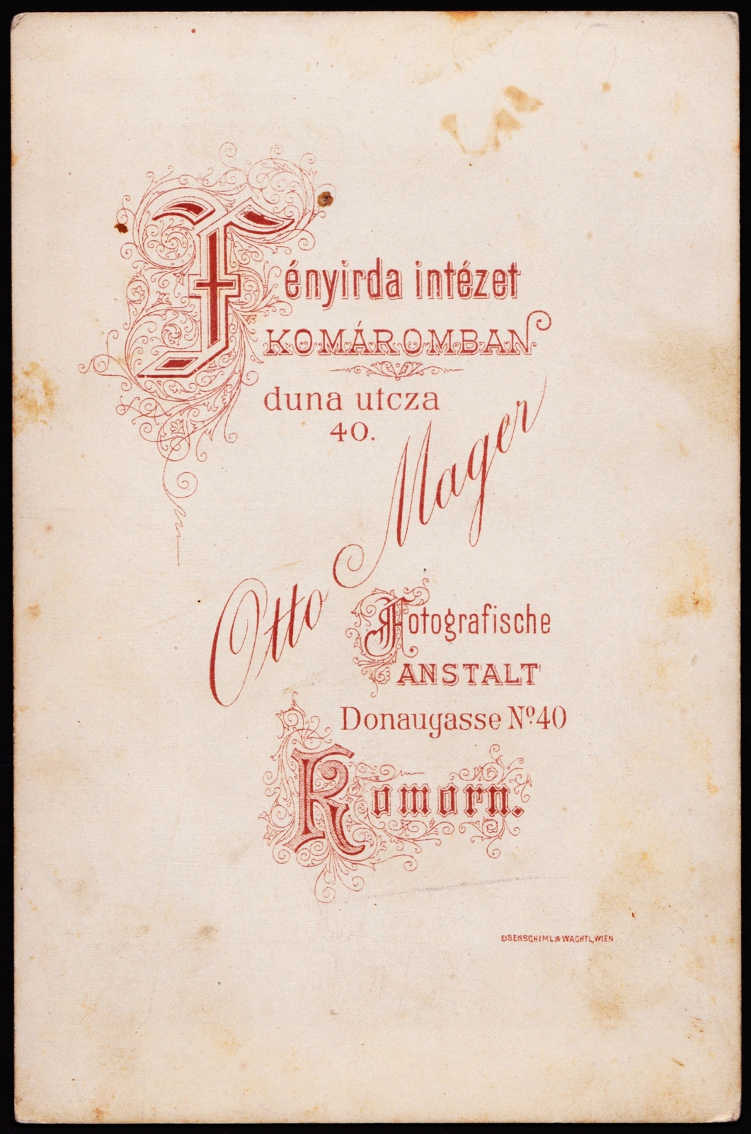 Slovakia, Komarno, Duna utca 40., Mager Ottó fényírda intézete., 1900, Fortepan, studio, photographer, verso, Fortepan #81258