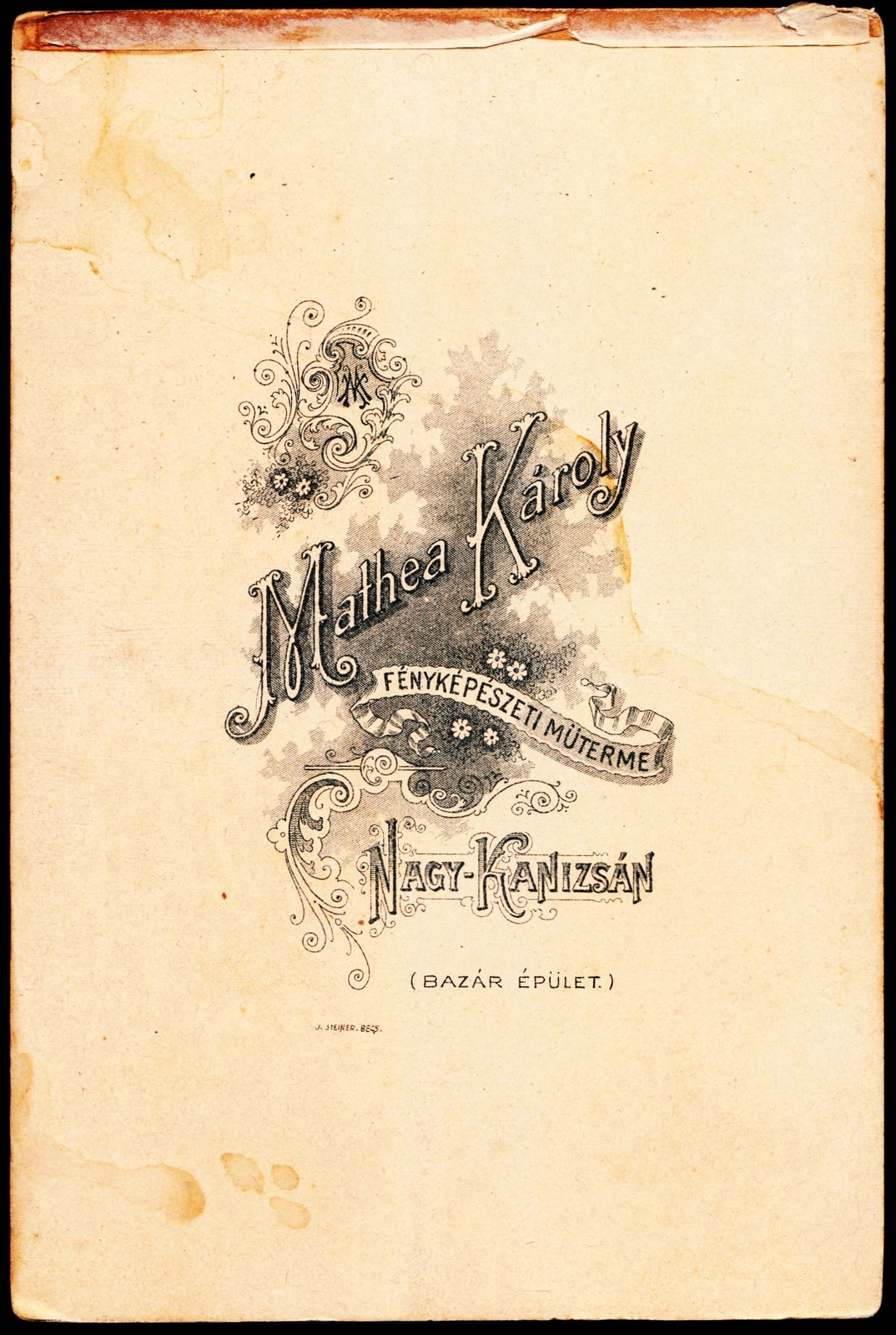 Magyarország, Nagykanizsa, Bazár épület, Mathea Károly  fényképészeti műterme., 1900, Fortepan, műterem, fényképész, hátlap, Fortepan #81270