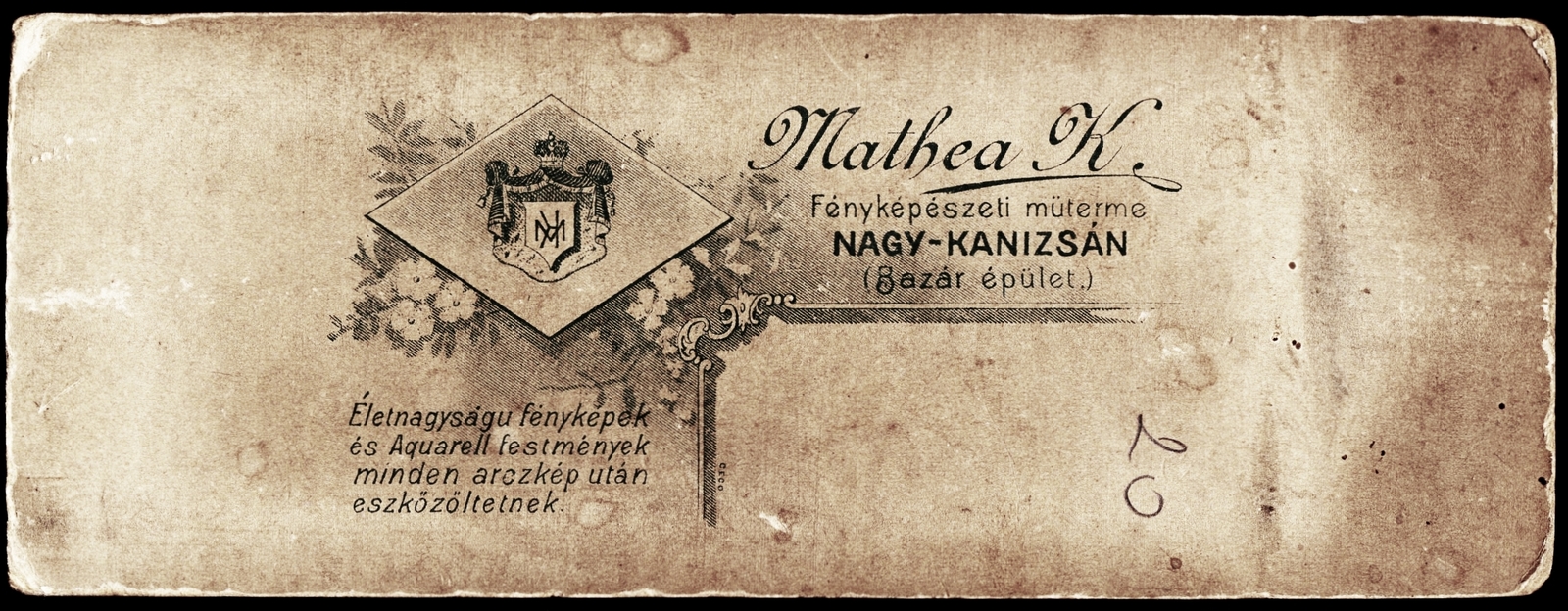 Hungary, Nagykanizsa, Bazár épület, Mathea Károly fényképészeti műterme., 1900, Fortepan, studio, photographer, verso, Fortepan #81271