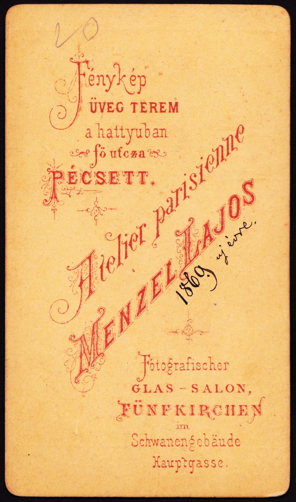 Hungary, Pécs, Fő utca, Menzel Lajos fénykép üveg terem., 1900, Fortepan, studio, photographer, verso, Fortepan #81287