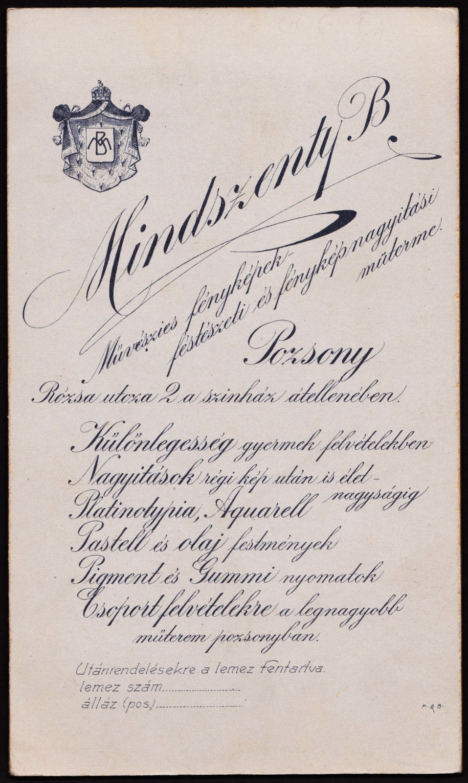 Szlovákia, Pozsony, Rózsa utca 2., Mindszenty Béla művészies fényképek-festészeti és fénykép nagyítási műterme., 1910, Fortepan, műterem, fényképész, hátlap, Fortepan #81293