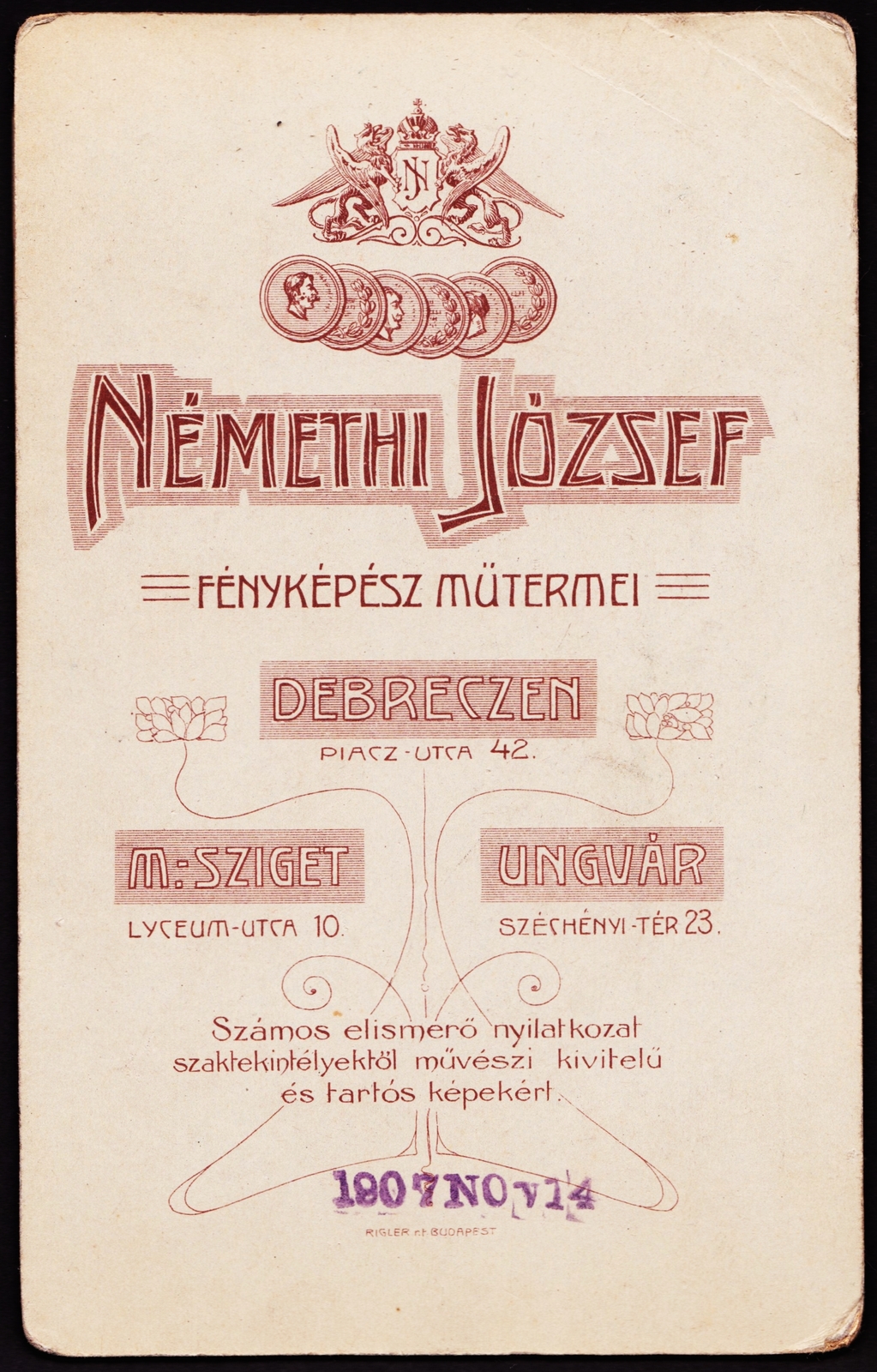Magyarország,Románia,Erdély, Debrecen,Máramarossziget,Ungvár, Piac utca 42. / Lyceum utca 10. / Széchenyi tér 23., Némethi József fényképész műtermei., 1907, Fortepan, műterem, fényképész, hátlap, Fortepan #81301