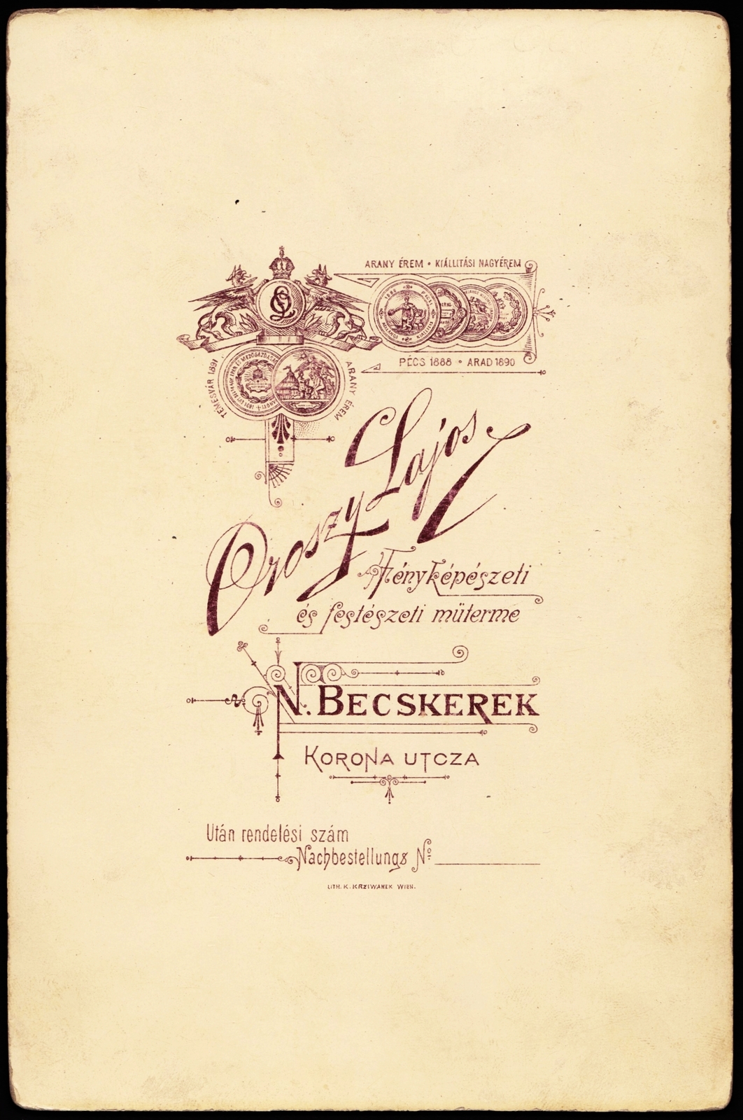 Serbia, Zrenjanin, Korona utca, Oroszy Lajos fényképészeti és festészeti műterme., 1900, Fortepan, studio, photographer, verso, Fortepan #81304