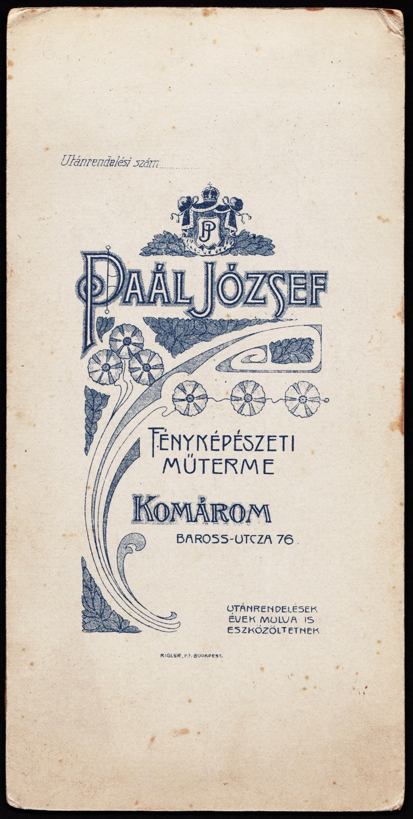 Slovakia, Komarno, Baross utca 76., Paál József fényképészeti műterme., 1900, Fortepan, studio, photographer, verso, Fortepan #81305