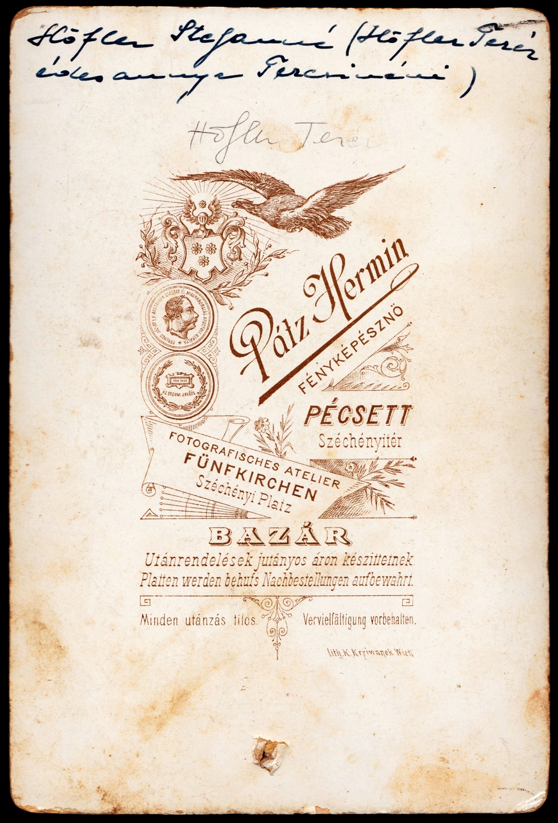 Hungary, Pécs, Széchenyi tér, Pátz Hermin fényképészeti műterme., 1900, Fortepan, studio, photographer, verso, Fortepan #81310