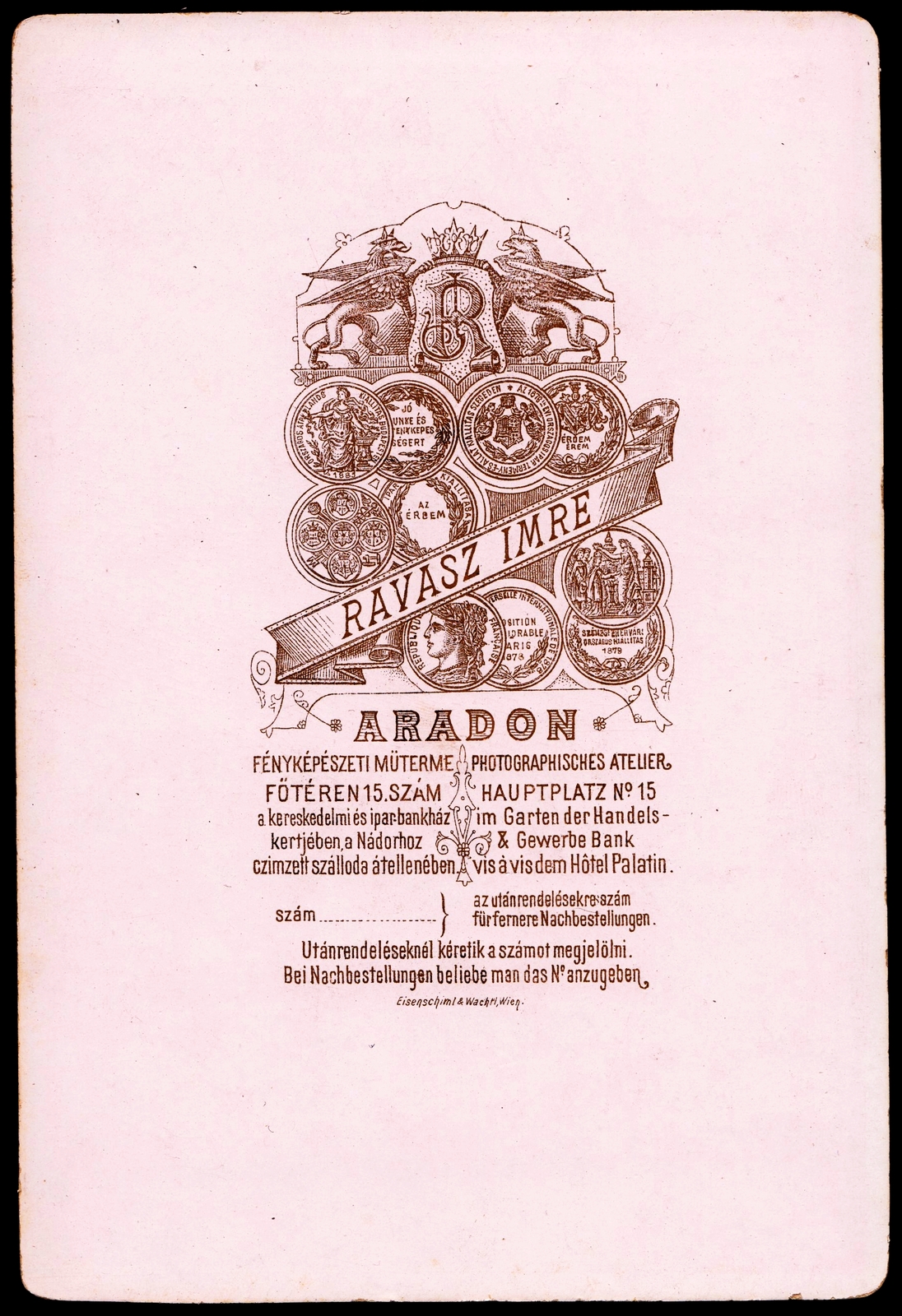 Romania,Transylvania, Arad, Főtér 15., Ravasz Imre fényképészeti műterme., 1900, Fortepan, studio, photographer, verso, Fortepan #81324