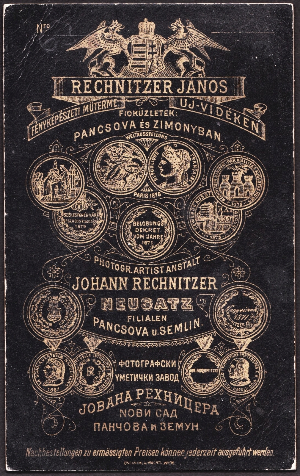 Szerbia, Belgrád,Újvidék,Pancsova, Zimony (ekkor önálló, ma a város része), Rechnitzer János fényképészeti műterme., 1900, Fortepan, műterem, fényképész, hátlap, Fortepan #81330