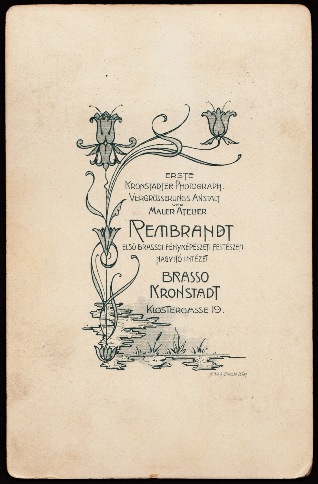 Románia,Erdély, Brassó, Kolostor utca (Strada Mureșenilor) 19., Rembrandt első brassói fényképészeti, festészeti és nagyító intézet., 1900, Fortepan, műterem, fényképész, hátlap, Fortepan #81331