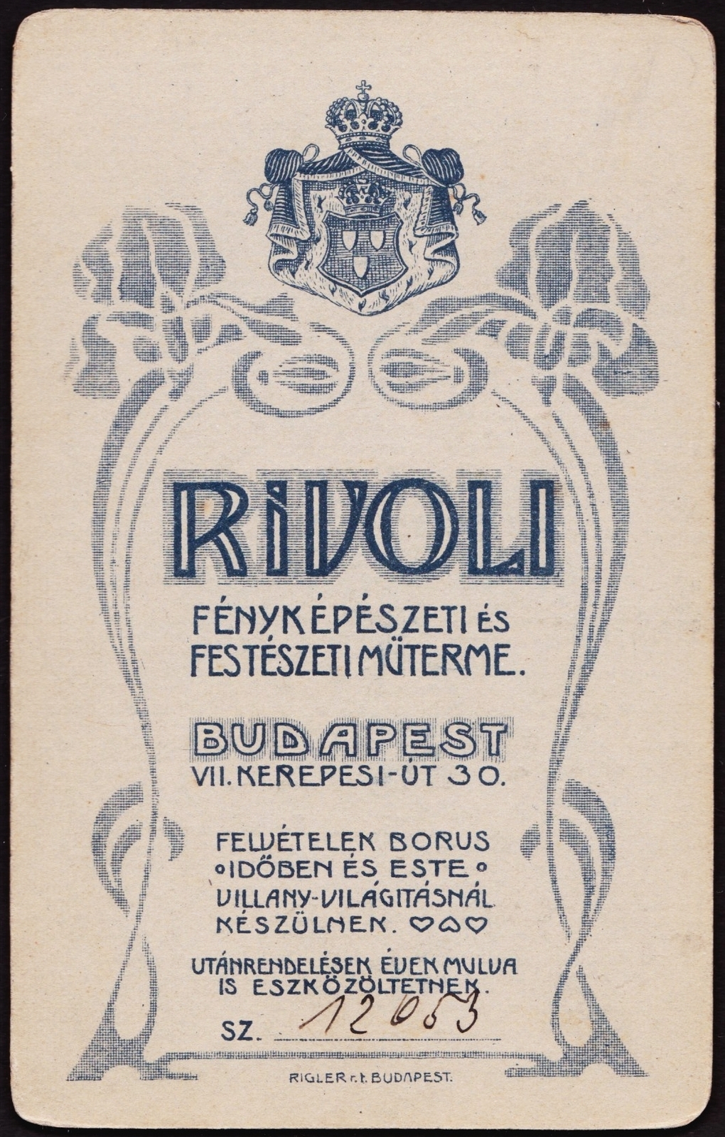 Magyarország, Budapest VII., Rákóczi (Kerepesi) út 30., Rivoli fényképészeti és festészeti műterme., 1906, Fortepan, műterem, fényképész, hátlap, Budapest, Fortepan #81333