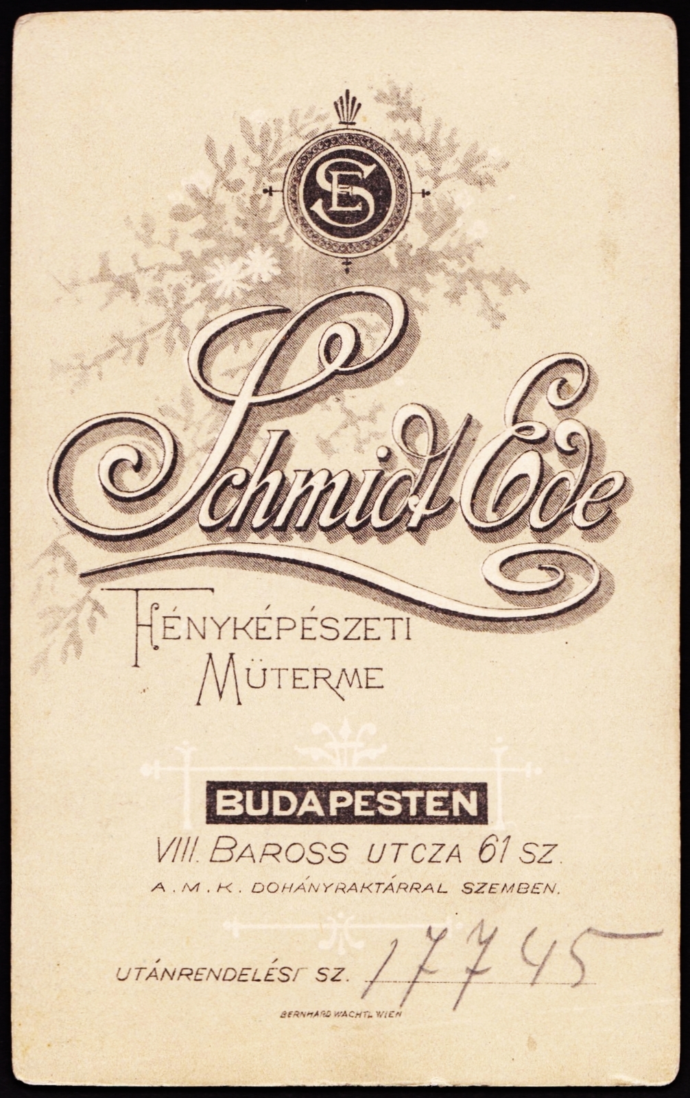 Hungary, Budapest VIII., Baross utca 61., Schmidt Ede fényképészeti műterme., 1900, Fortepan, studio, photographer, verso, Budapest, Fortepan #81345