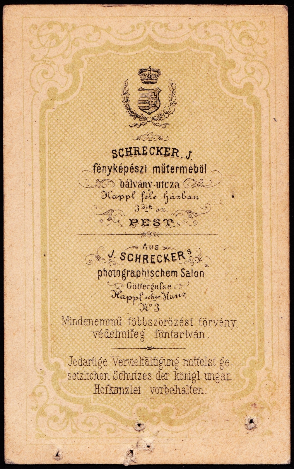 Magyarország, Budapest V., Teleki Pál (Bálvány) utca 3., Schrecker Ignác fényképészeti műterme., 1900, Fortepan, műterem, fényképész, hátlap, Budapest, Fortepan #81348