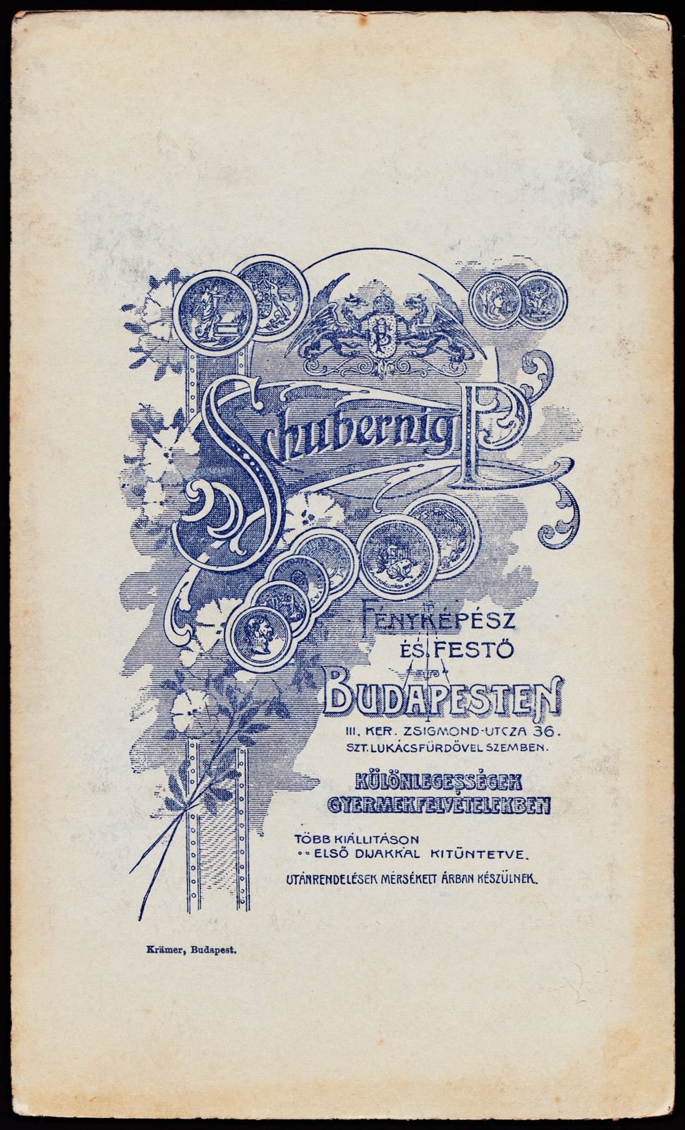 Hungary, Budapest II., Frankel Leó út (Zsigmond utca) 36., a Szent Lukács fürdővel szemben, Schubernig Péter fényképész és festő., 1900, Fortepan, studio, photographer, verso, Budapest, Fortepan #81349