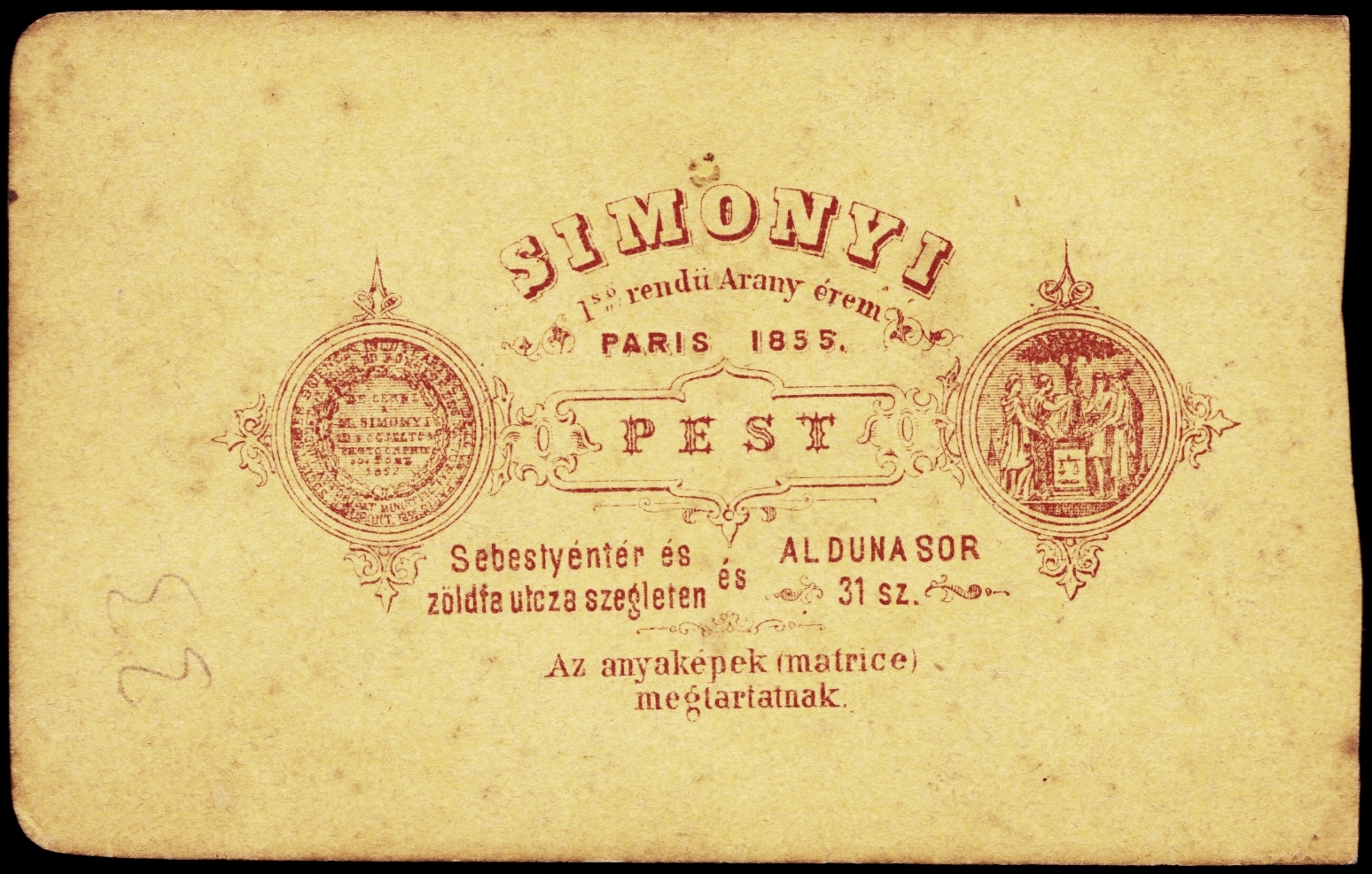 Hungary, Budapest V., Belgrád rakpart (Alduna sor) 31., Simonyi Antal fotográfus., 1900, Fortepan, studio, photographer, verso, Budapest, Fortepan #81352