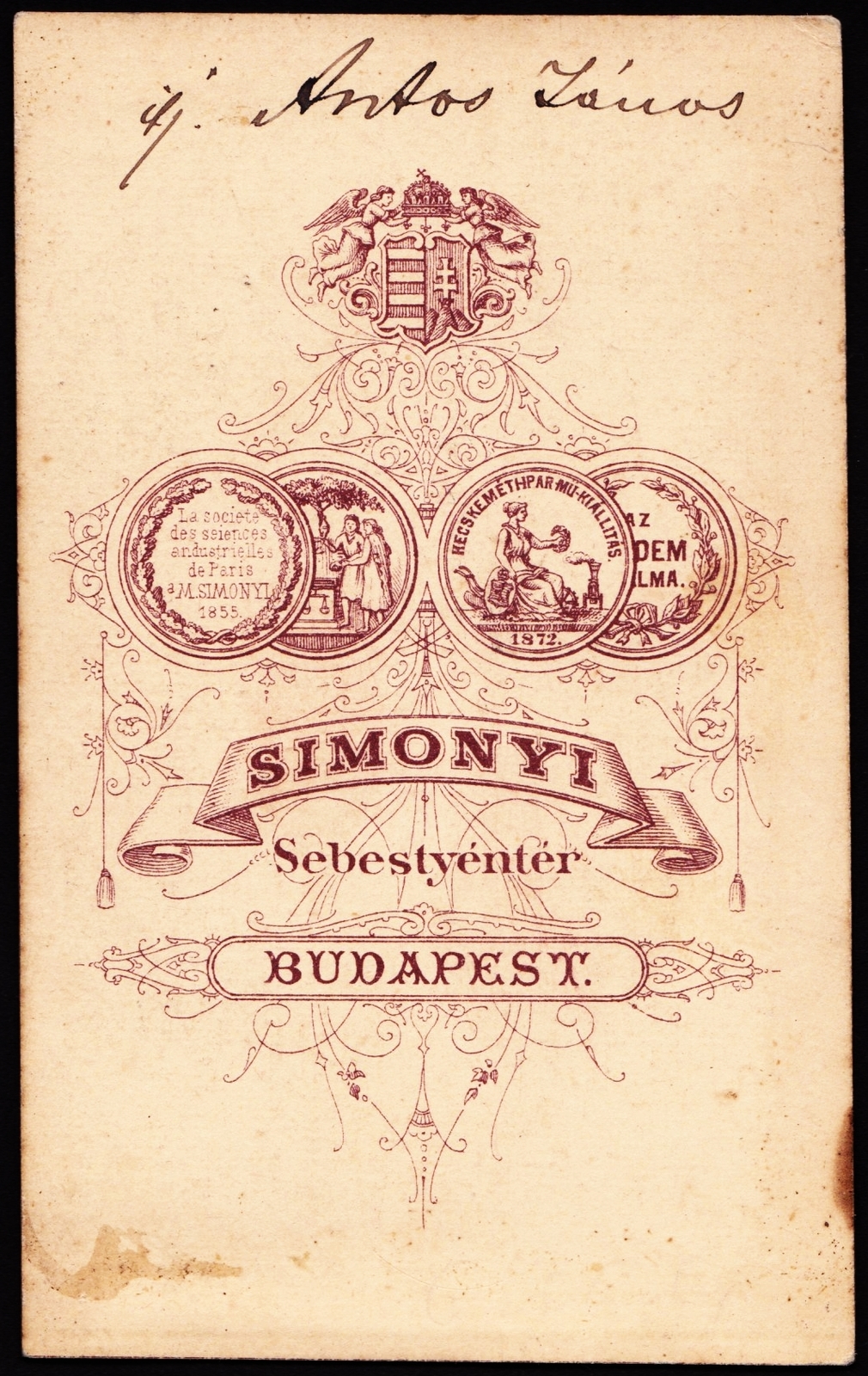 Hungary, Budapest V., Sebestyén tér (a Klotild paloták építése során megszűnt), Simonyi Antal fotográfus., 1900, Fortepan, studio, photographer, verso, Budapest, Fortepan #81354