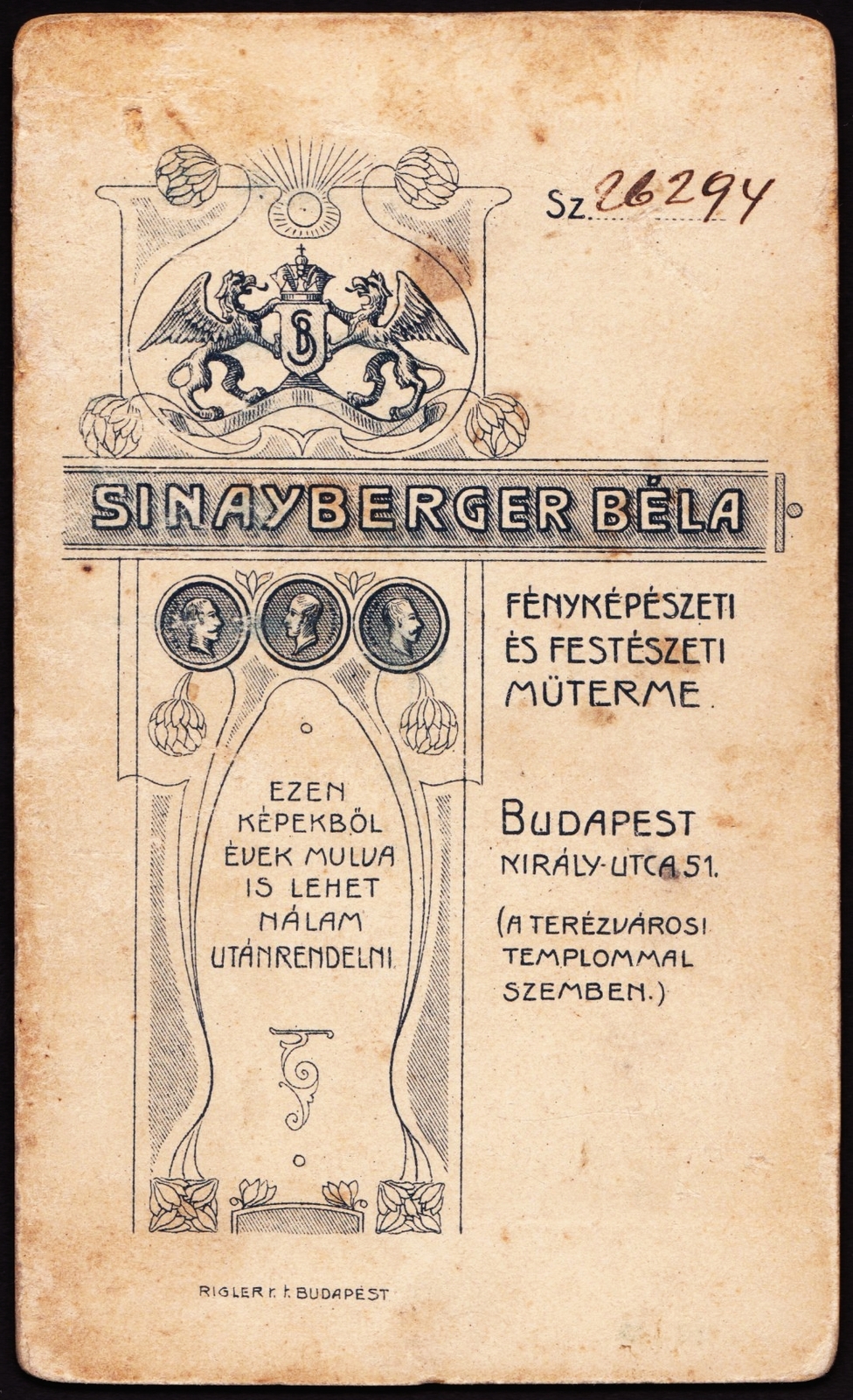 Hungary, Budapest VII., Király utca 51., Sinayberger Béla fényképészeti és festészeti műterme., 1900, Fortepan, studio, photographer, verso, Budapest, Fortepan #81356