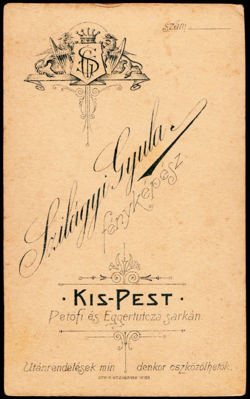 Hungary, Budapest XIX., Petőfi utca - József Attila (Eggert) utca sarok, Szilágyi Gyula fényképész., 1900, Fortepan, studio, photographer, verso, Budapest, Fortepan #81381