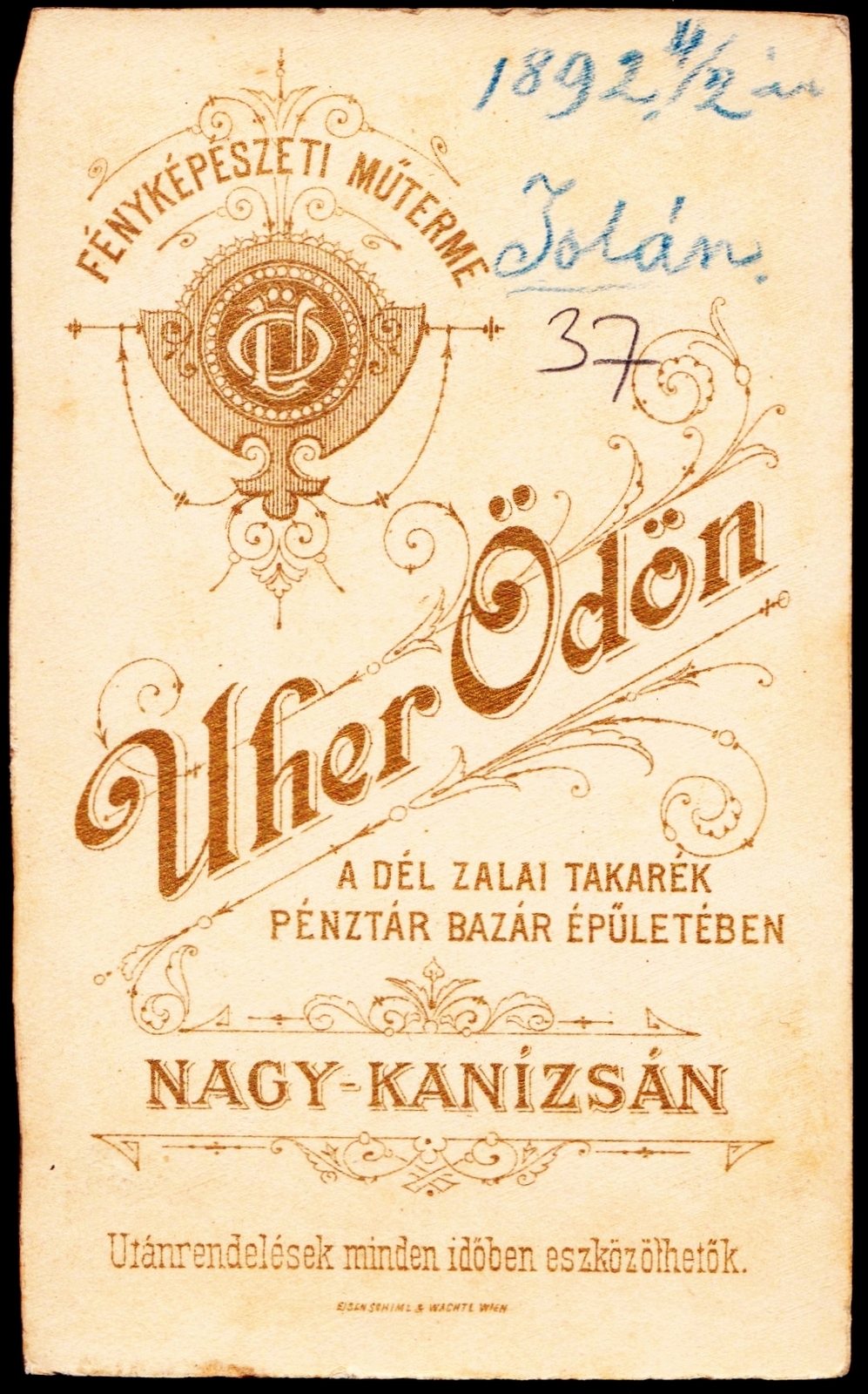 Hungary, Nagykanizsa, a dél zalai takarék pénztár bazár épületében, Uher Ödön fényképészeti műterme., 1900, Fortepan, studio, photographer, verso, Fortepan #81393