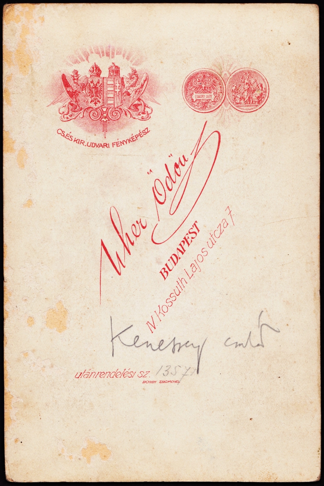 Hungary, Budapest V., Kossuth Lajos utca 7., Uher Ödön fényképész., 1900, Fortepan, studio, photographer, verso, Budapest, Fortepan #81399