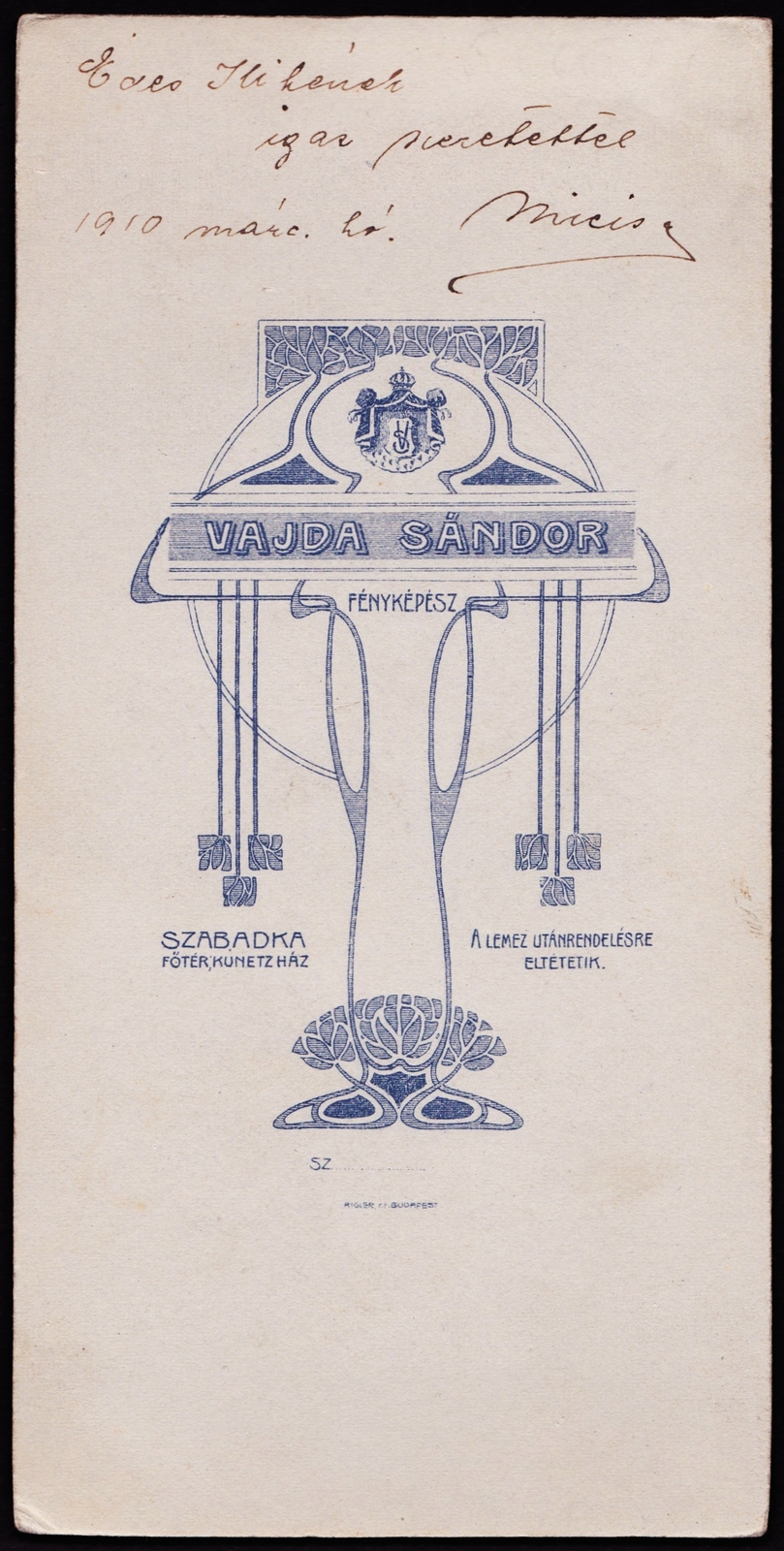 Szerbia, Szabadka, Fő tér, Kunetz ház, Vajda Sándor fényképész., 1910, Fortepan, műterem, fényképész, hátlap, Fortepan #81403