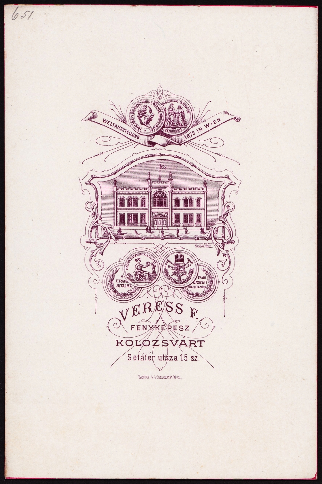 Románia,Erdély, Kolozsvár, Sétatér utca 15., Veress Ferenc fényképész., 1900, Fortepan, műterem, fényképész, hátlap, Fortepan #81412