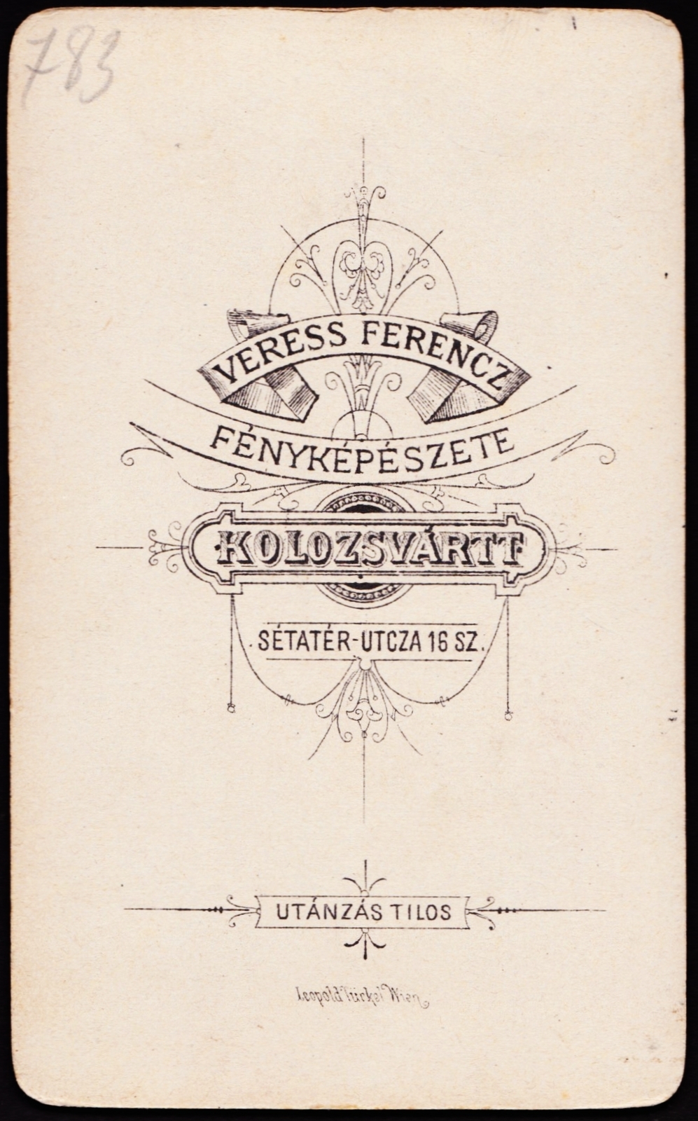 Románia,Erdély, Kolozsvár, Sétatér utca 16., Veress Ferenc fényképészete., 1900, Fortepan, műterem, fényképész, hátlap, Fortepan #81416