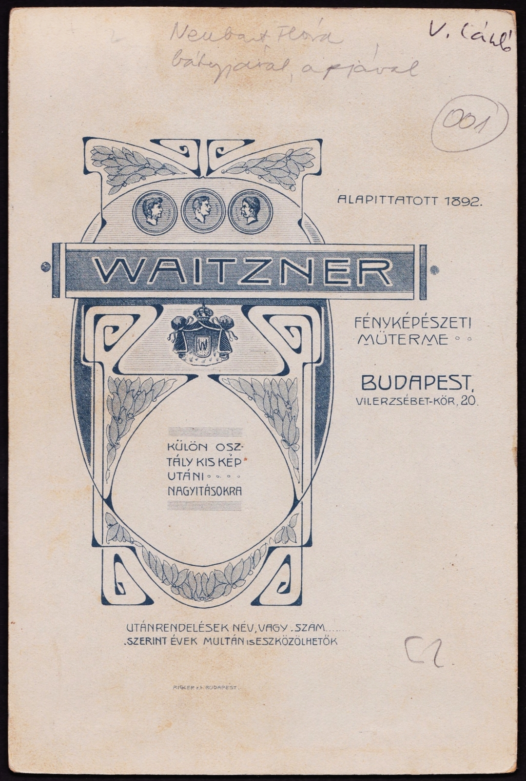 Hungary, Budapest VII., Erzsébet körút 20., Waitzner fényképészeti műterme., 1900, Fortepan, studio, photographer, verso, Budapest, Fortepan #81420