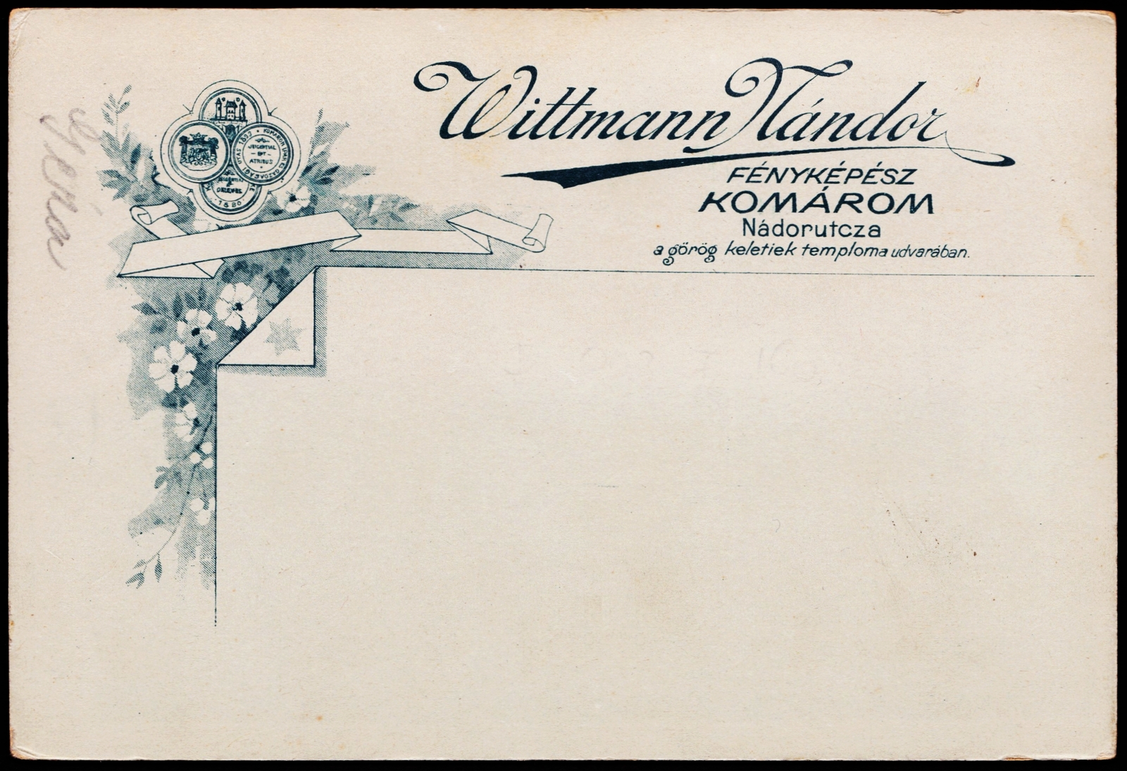 Slovakia, Komarno, Nádor utca, a görög keletiek temploma udvarában, Wittmann Nándor fényképész., 1900, Fortepan, studio, photographer, verso, Fortepan #81422