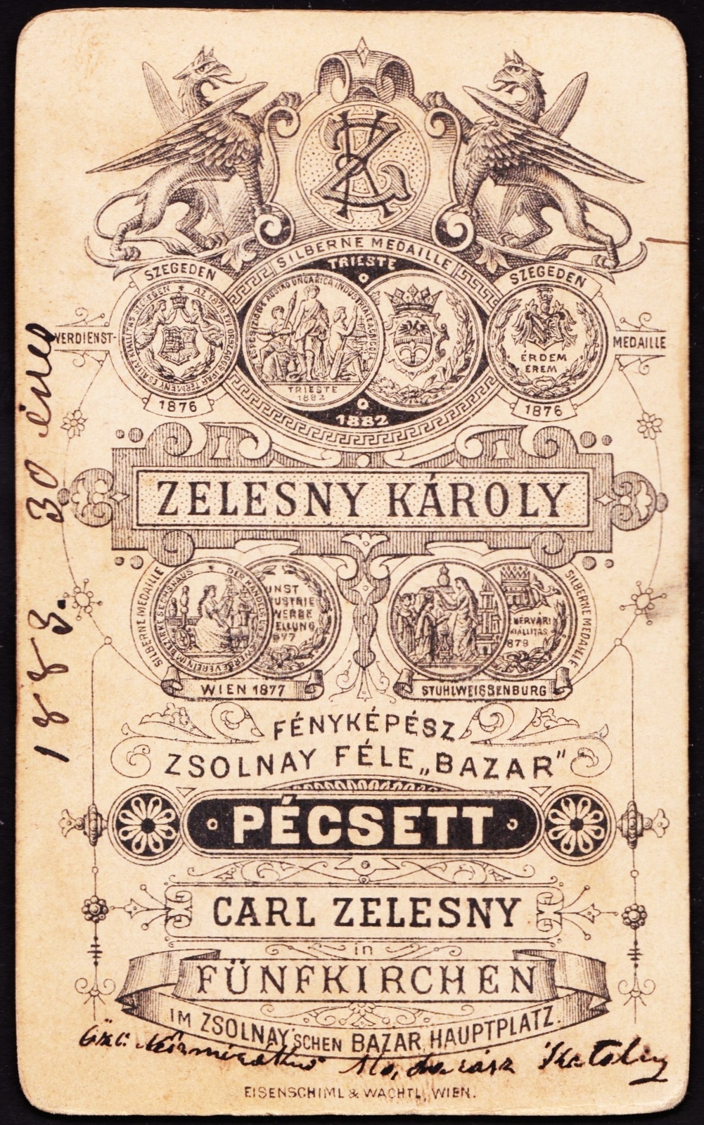 Hungary, Pécs, Király utca 1., Zsolnay féle "Bazár", Zelesny Károly fényképész., 1900, Fortepan, studio, photographer, verso, Fortepan #81426