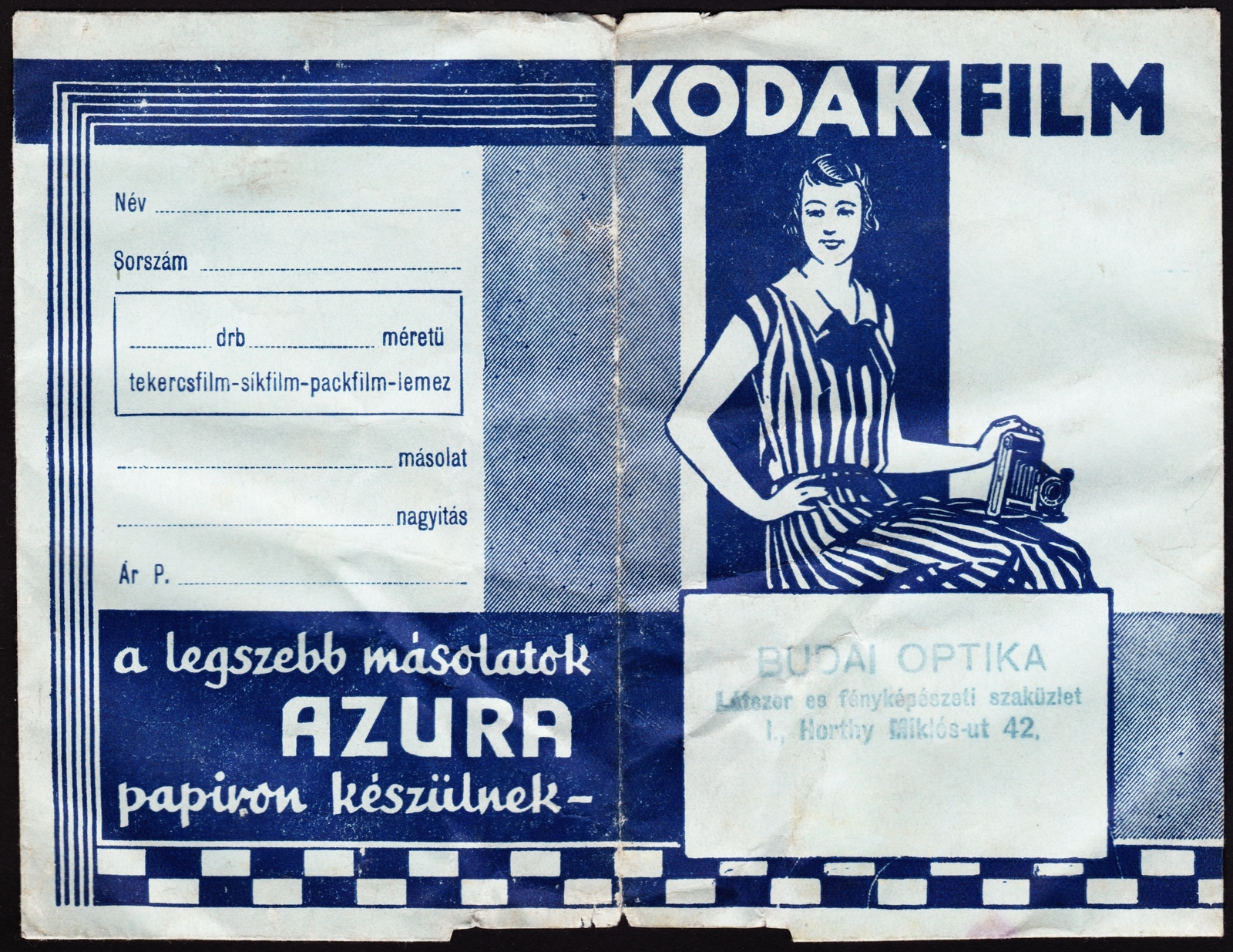 Hungary, Budapest XI., Bartók Béla (Horthy Miklós) út 42., BUDAI OPTIKA látszer és fényképészeti szaküzlet., 1935, Fortepan, Print Envelope, camera store, Budapest, colorful, Fortepan #81505