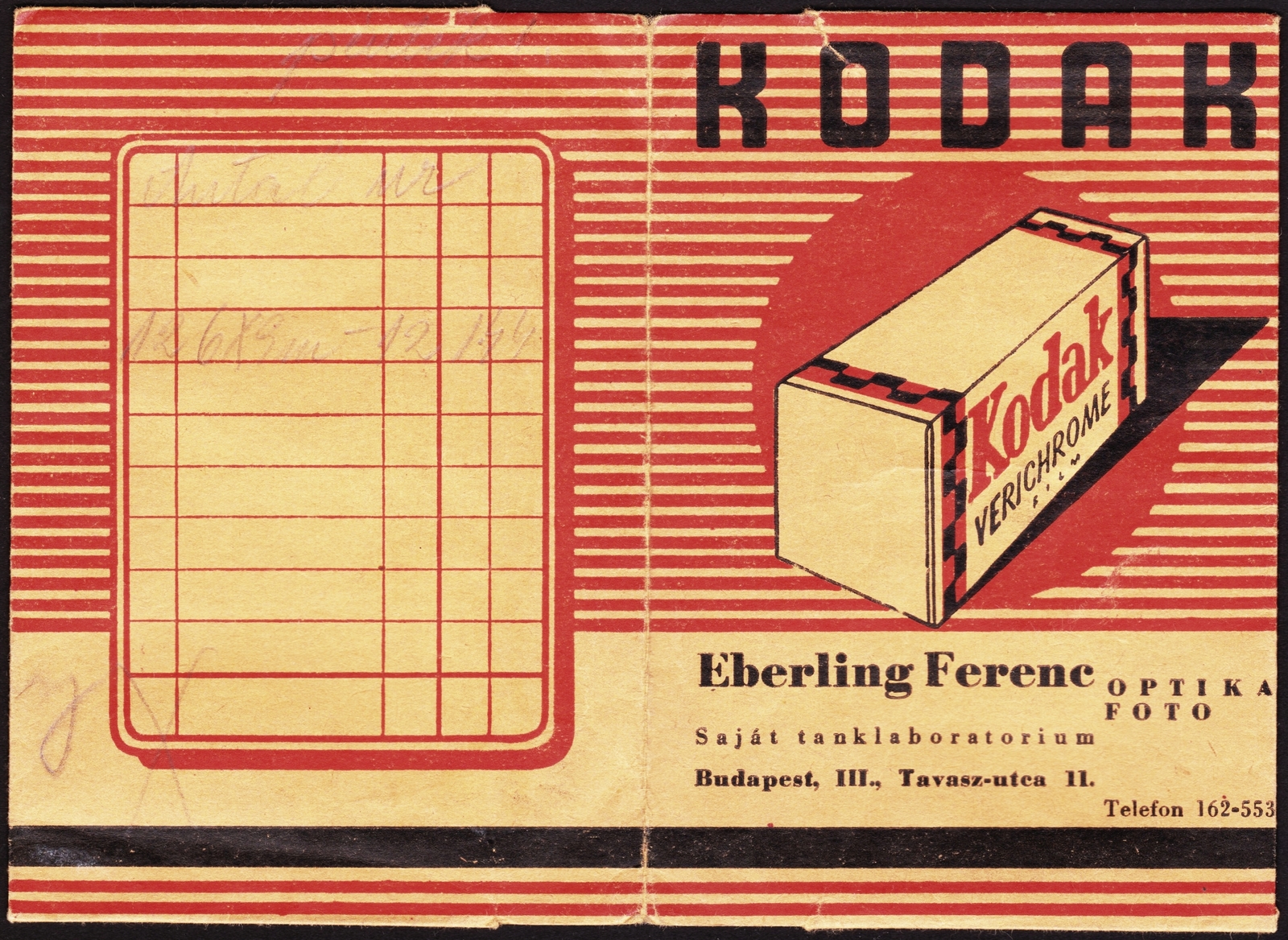 Hungary, Budapest III., Tavasz utca 11., Eberling Ferenc optika-fotó szaküzlet., 1937, Fortepan, Print Envelope, camera store, Budapest, Fortepan #81509