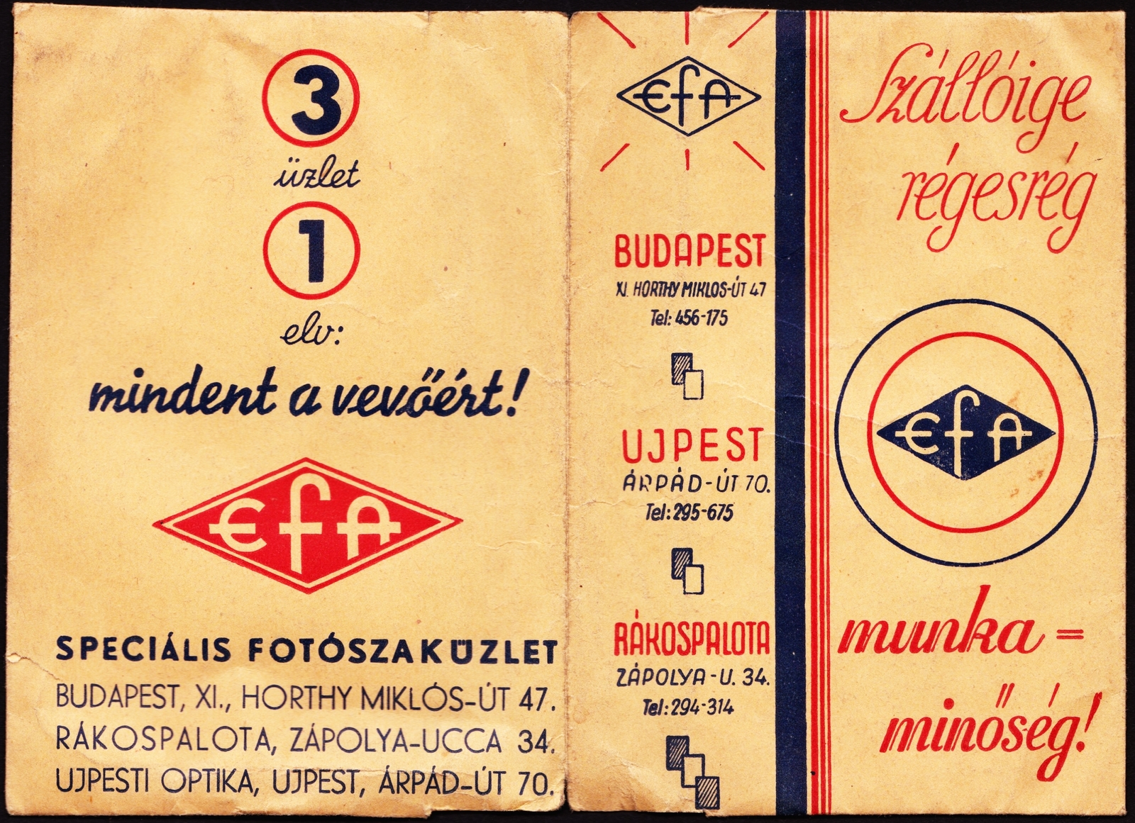 Hungary, Budapest XI.,Budapest XV.,Budapest IV., Bartók Béla (Horthy Miklós) út 47. / Árpád út 70. / Szerencs (Zápolya) utca 34., EFA fotószaküzlet., 1933, Fortepan, Print Envelope, camera store, Budapest, Fortepan #81510