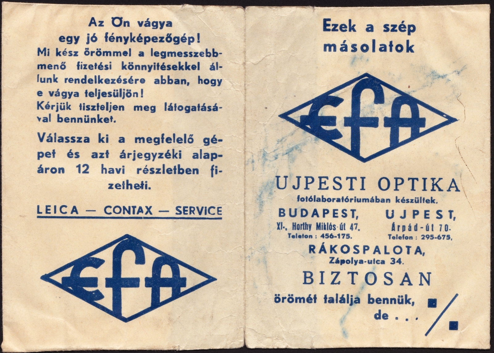 Hungary, Budapest XI.,Budapest XV.,Budapest IV., Bartók Béla (Horthy Miklós) út 47. / Árpád út 70. / Szerencs (Zápolya) utca 34., EFA fotószaküzlet., 1934, Fortepan, Print Envelope, photo lab, Budapest, Fortepan #81511