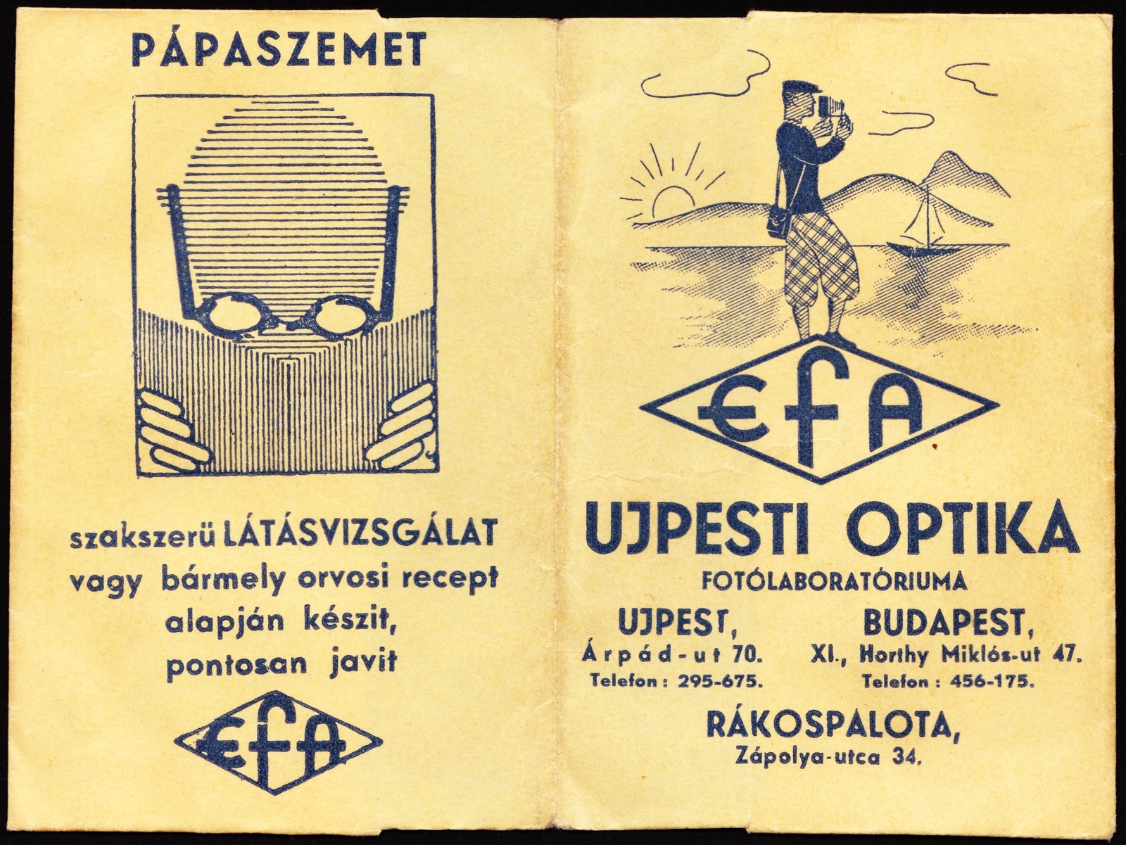Magyarország, Budapest XI.,Budapest XV.,Budapest IV., Bartók Béla (Horthy Miklós) út 47. / Árpád út 70. / Szerencs (Zápolya) utca 34., EFA fotószaküzlet., 1940, Fortepan, fényképtartó tasak, fotólaboratórium, Budapest, Fortepan #81512